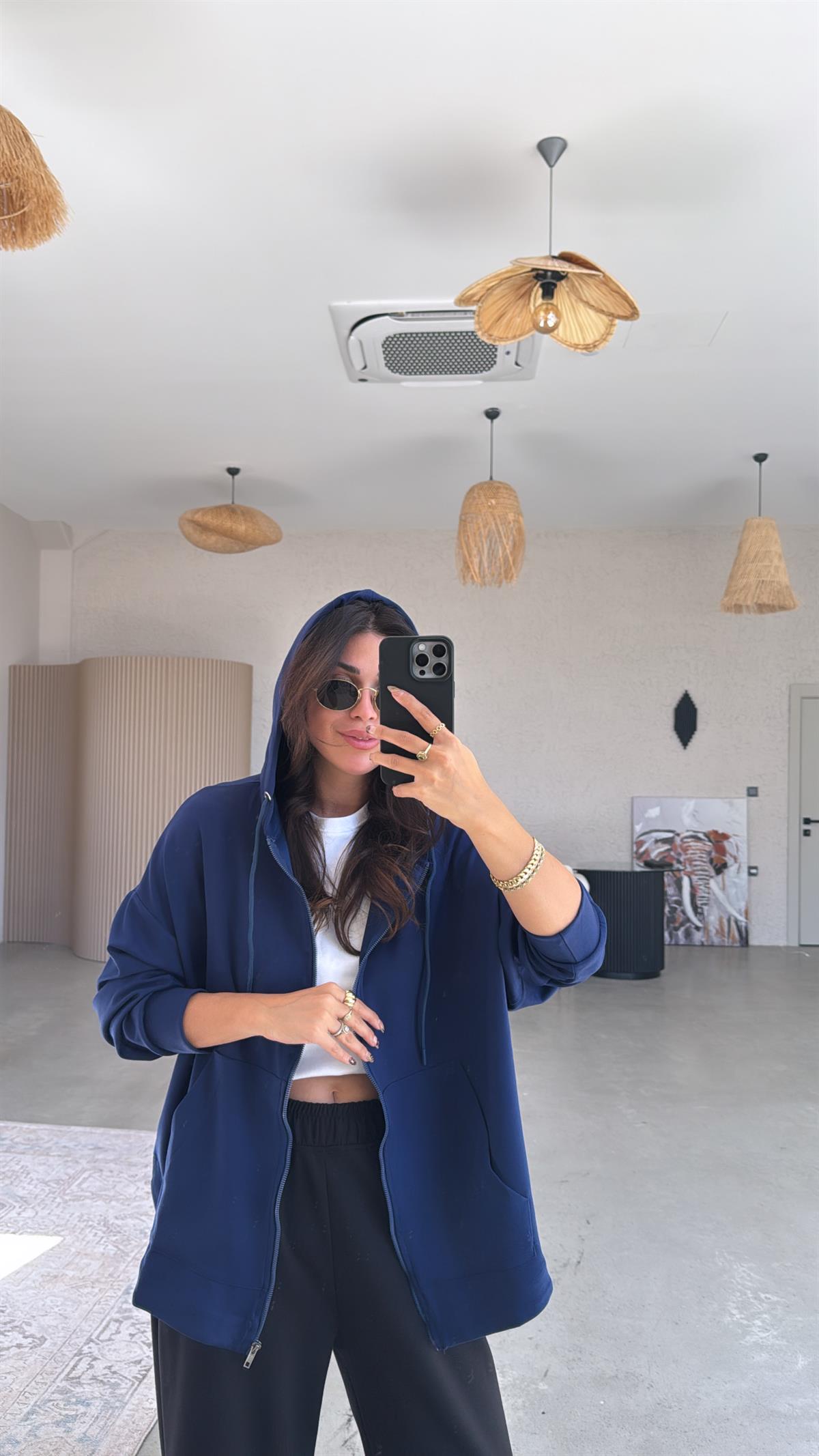 Lacivert Fermuarlı Modal Hoodie