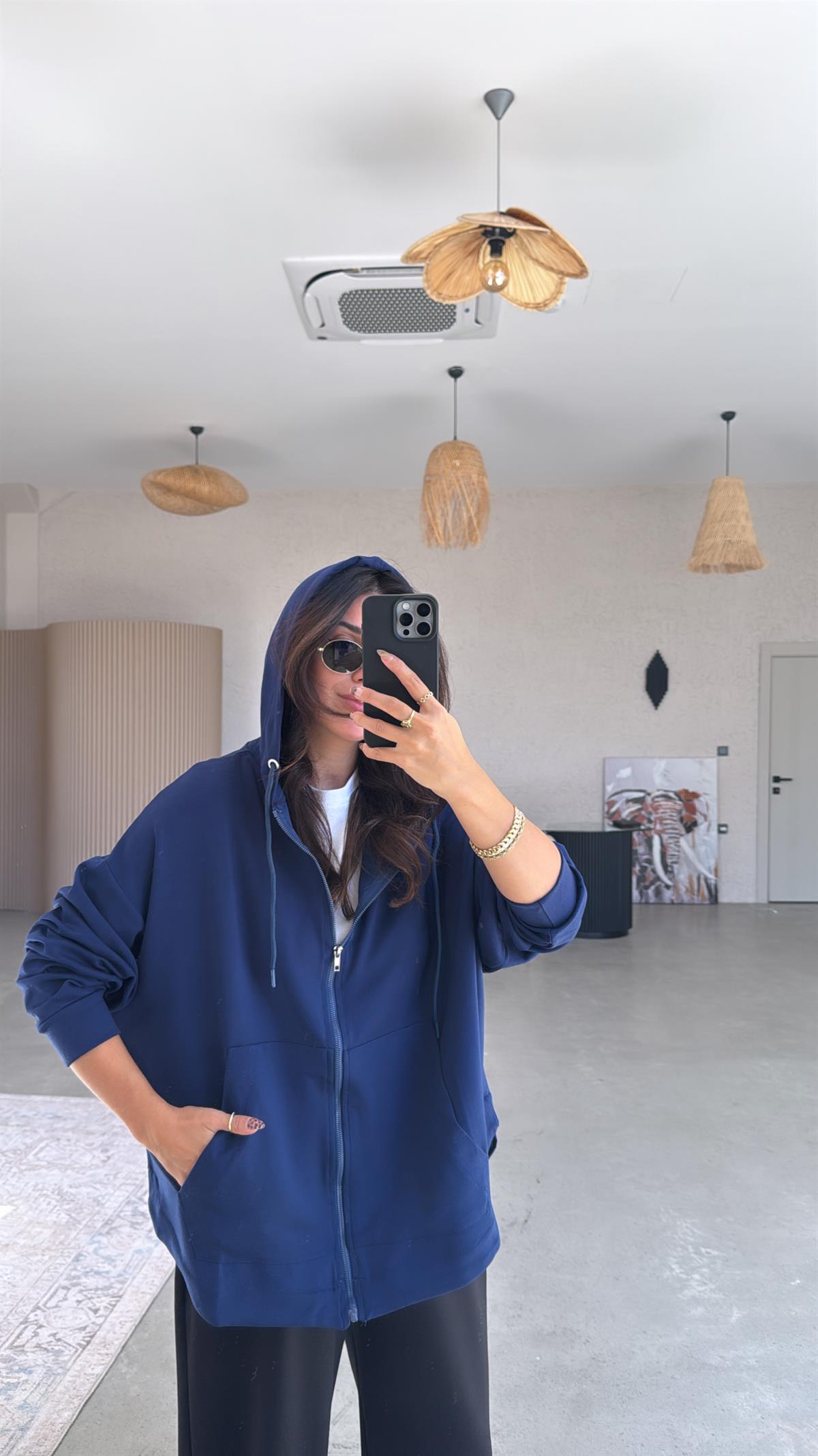 Lacivert Fermuarlı Modal Hoodie