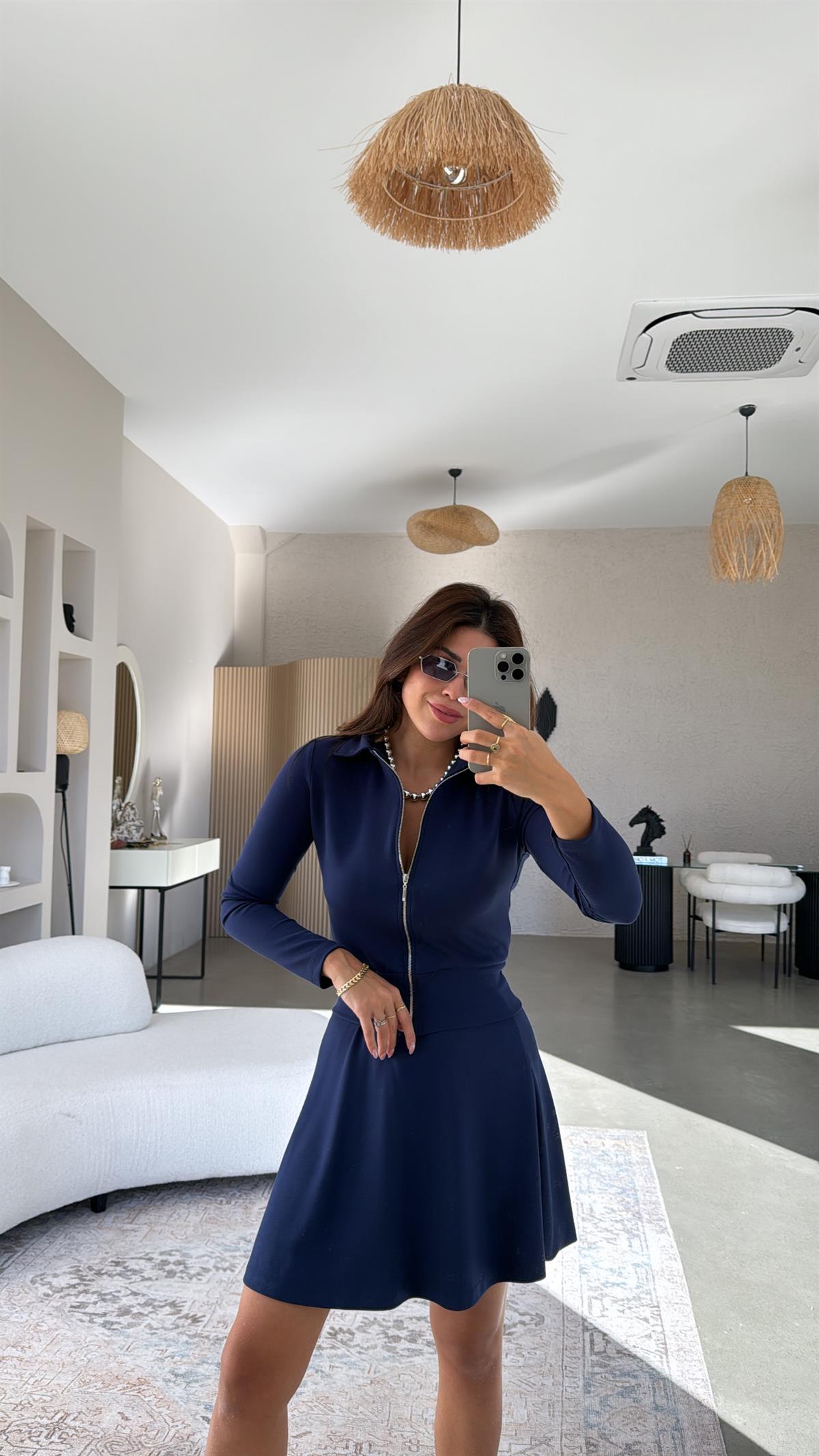 Lacivert Fermuarlı Modal Mini Etekli Takım