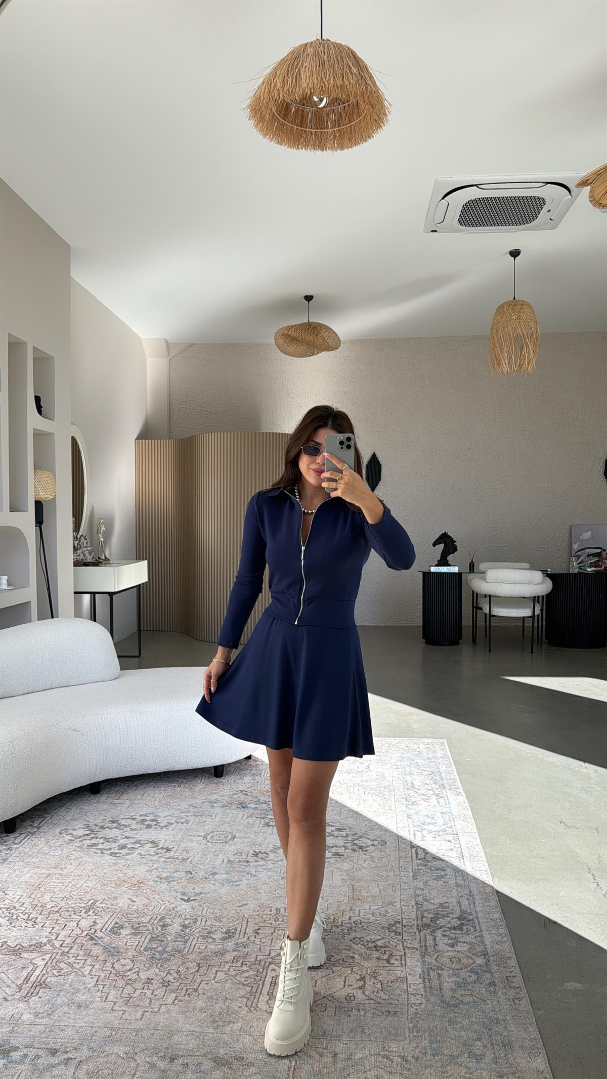 Lacivert Fermuarlı Modal Mini Etekli Takım