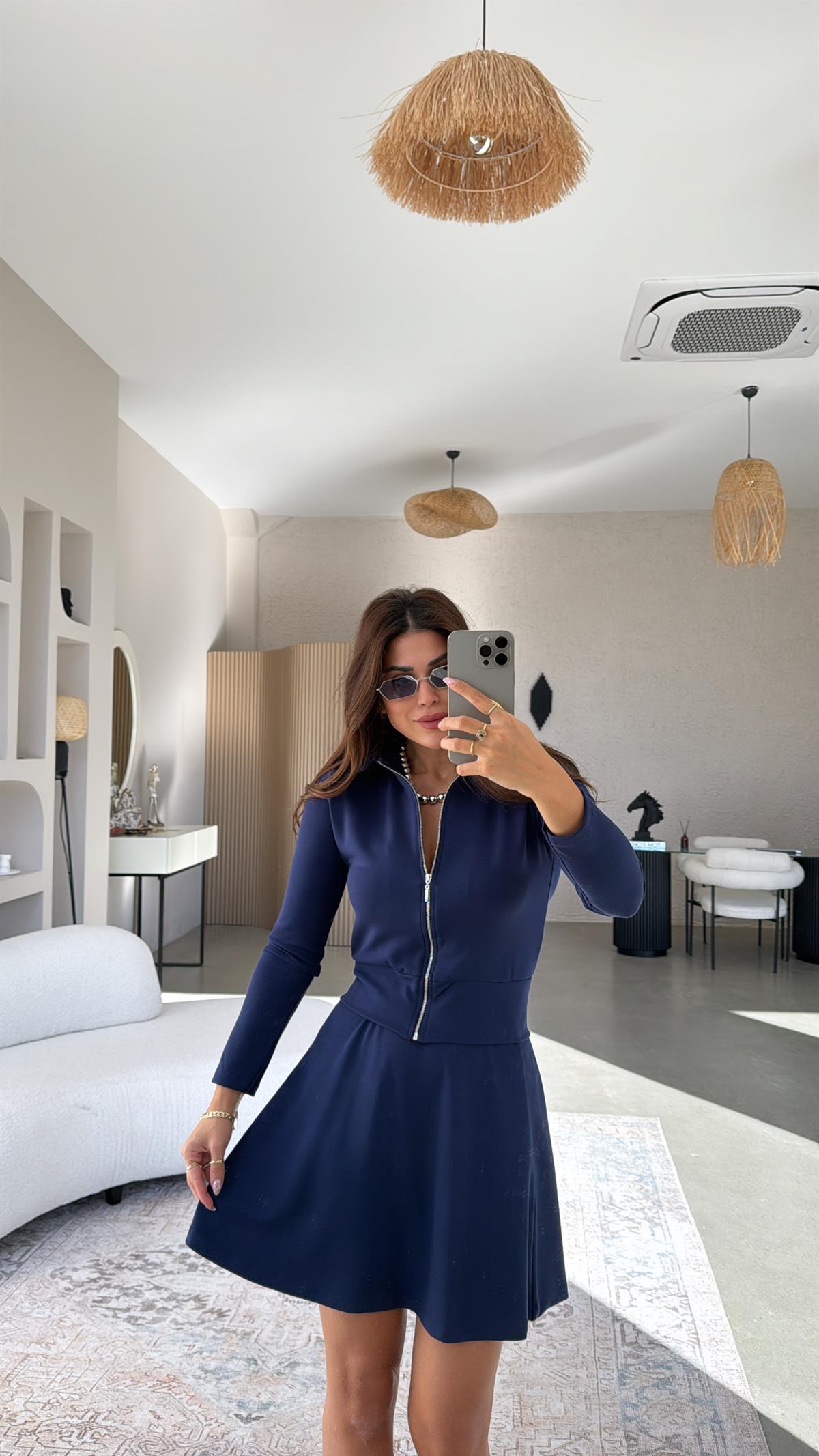 Lacivert Fermuarlı Modal Mini Etekli Takım