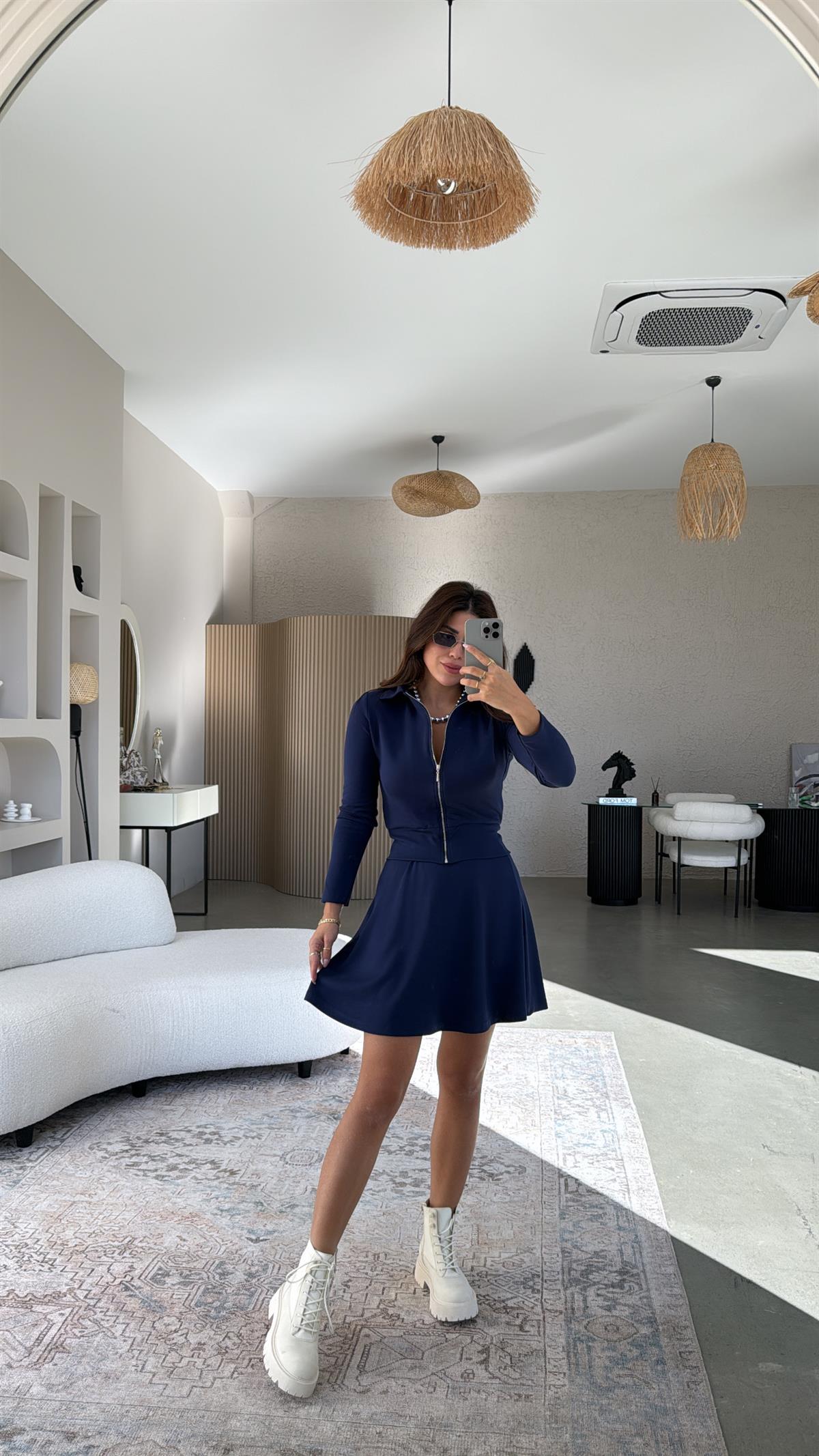 Lacivert Fermuarlı Modal Mini Etekli Takım