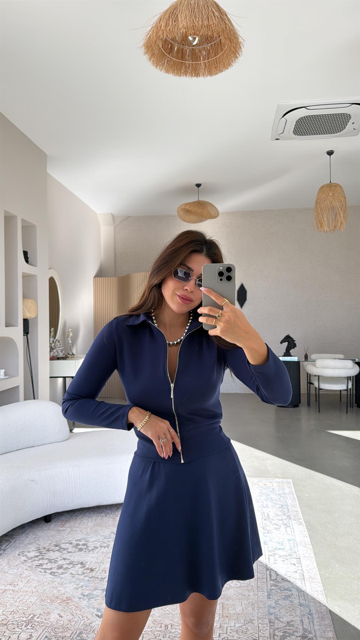 Lacivert Fermuarlı Modal Mini Etekli Takım