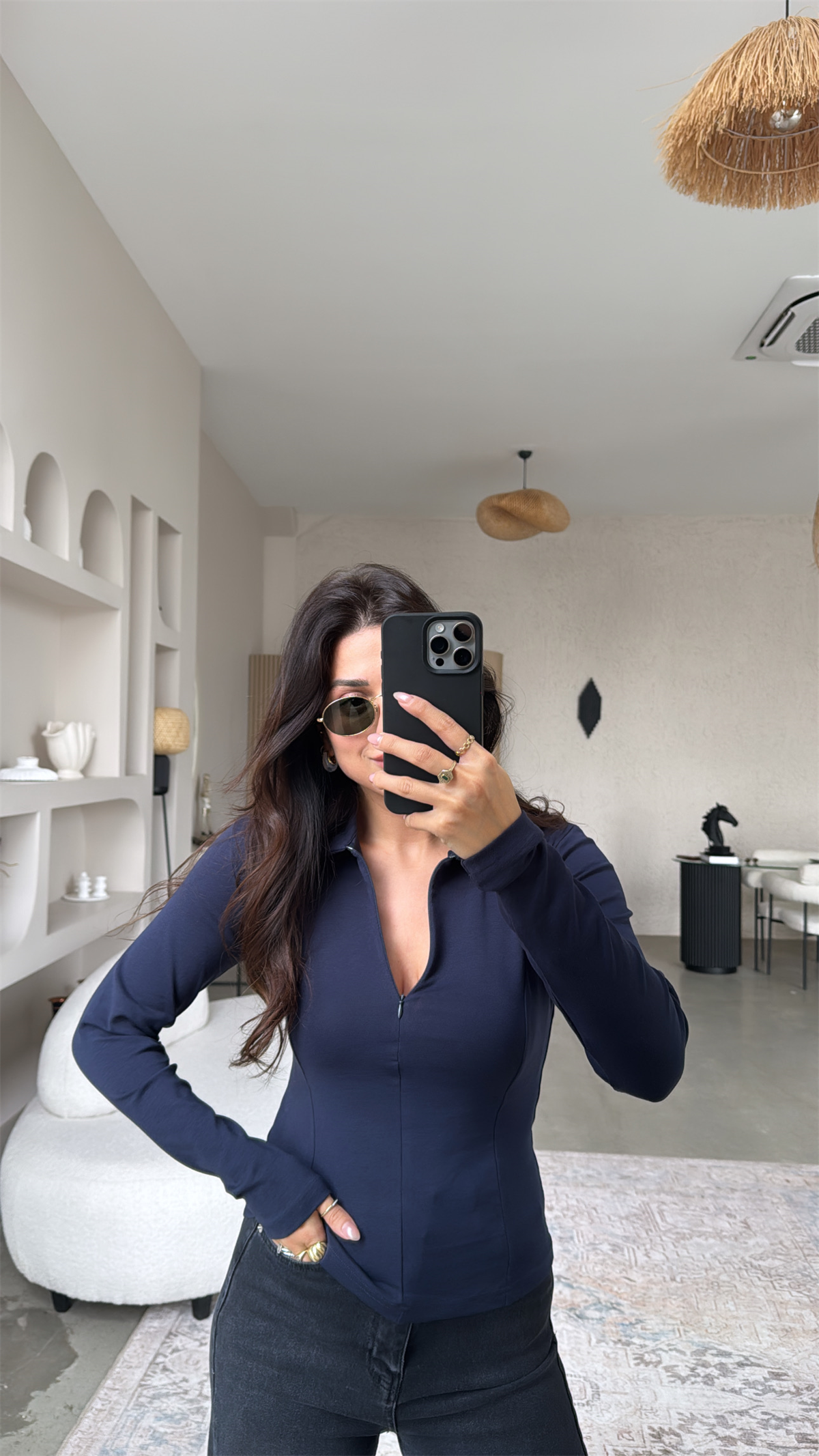 Lacivert Fermuarlı Yakalı Modal Bluz