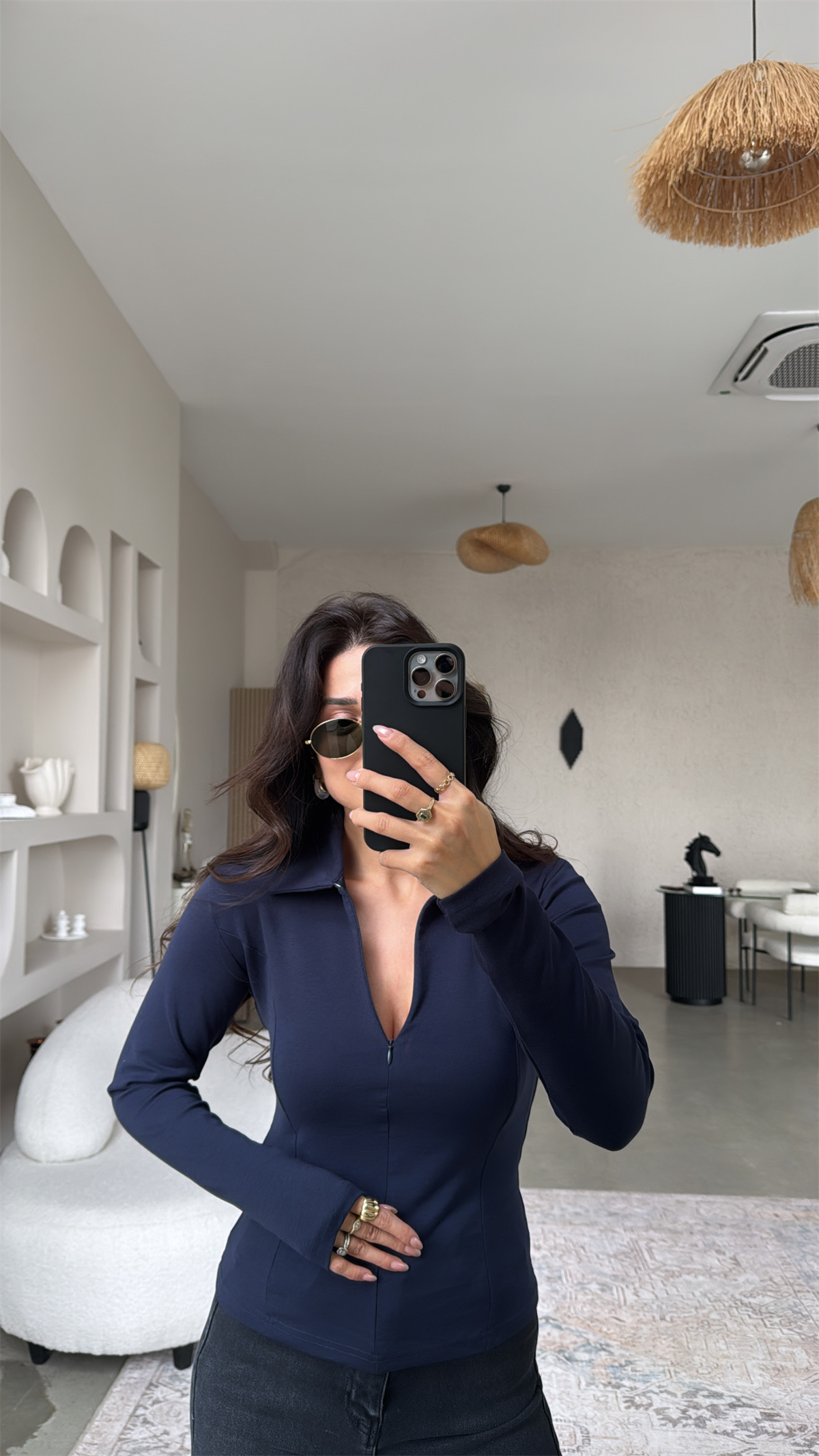 Lacivert Fermuarlı Yakalı Modal Bluz