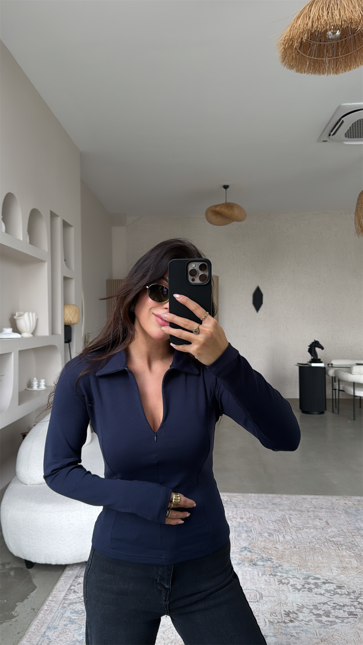 Lacivert Fermuarlı Yakalı Modal Bluz