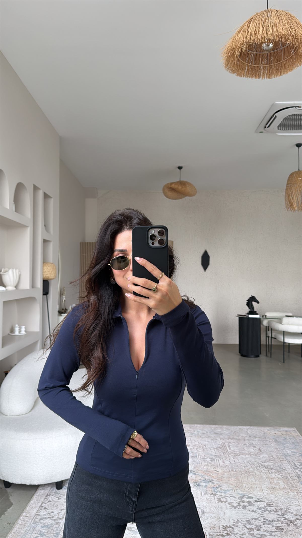 Lacivert Fermuarlı Yakalı Modal Bluz