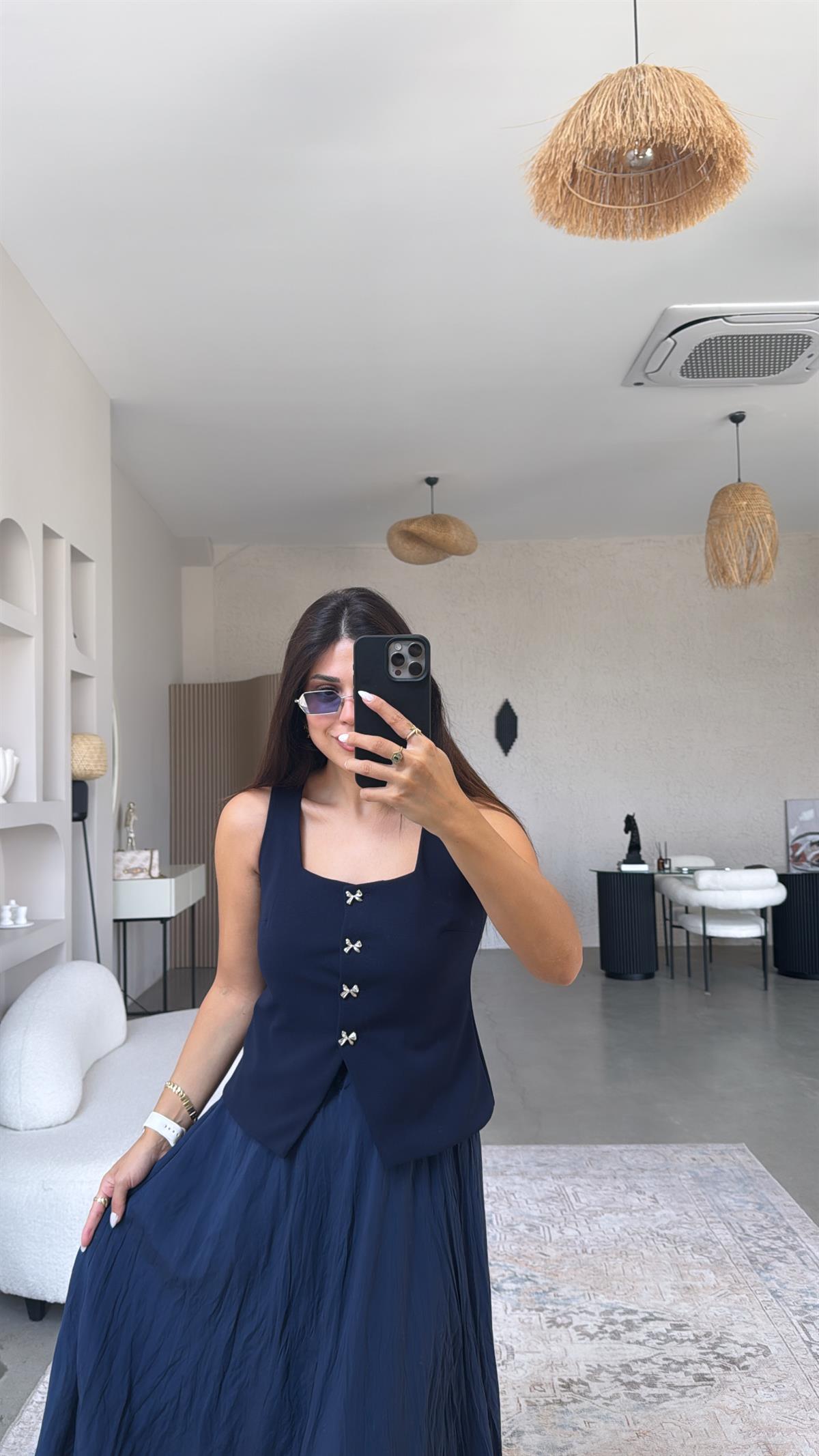 Lacivert Fiyonk Düğmeli Kumaş Yelek