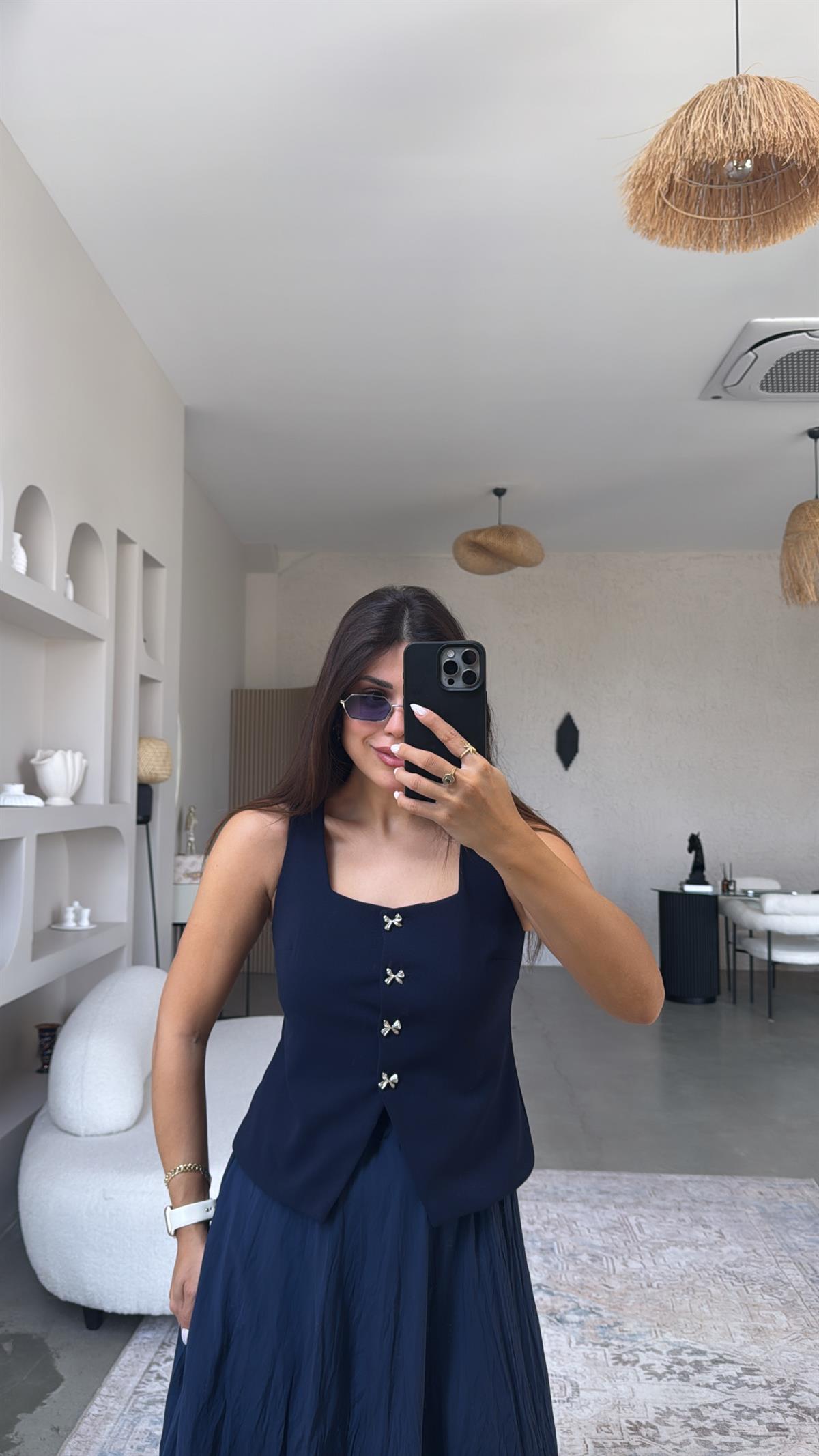 Lacivert Fiyonk Düğmeli Kumaş Yelek