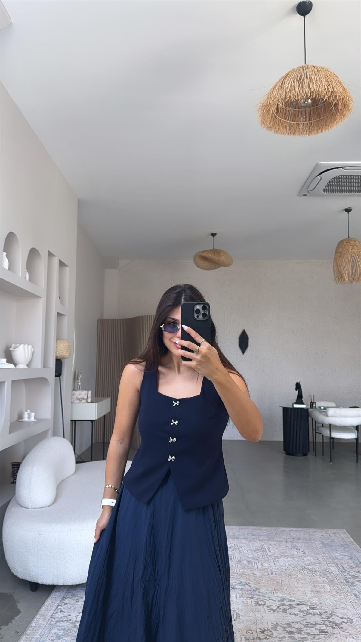 Lacivert Fiyonk Düğmeli Kumaş Yelek