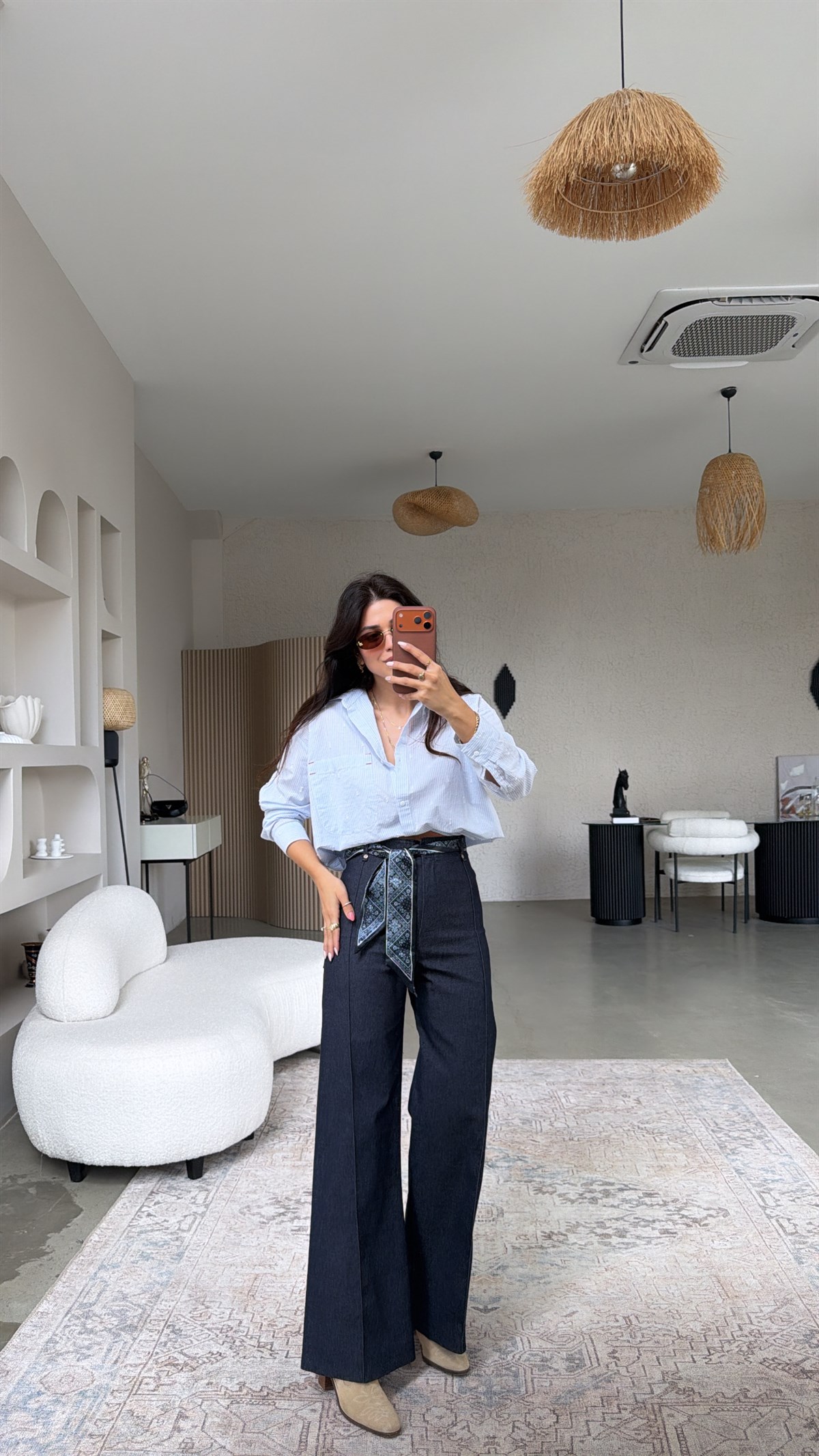 Lacivert Fular Kuşaklı Denim Dikişli Pantolon