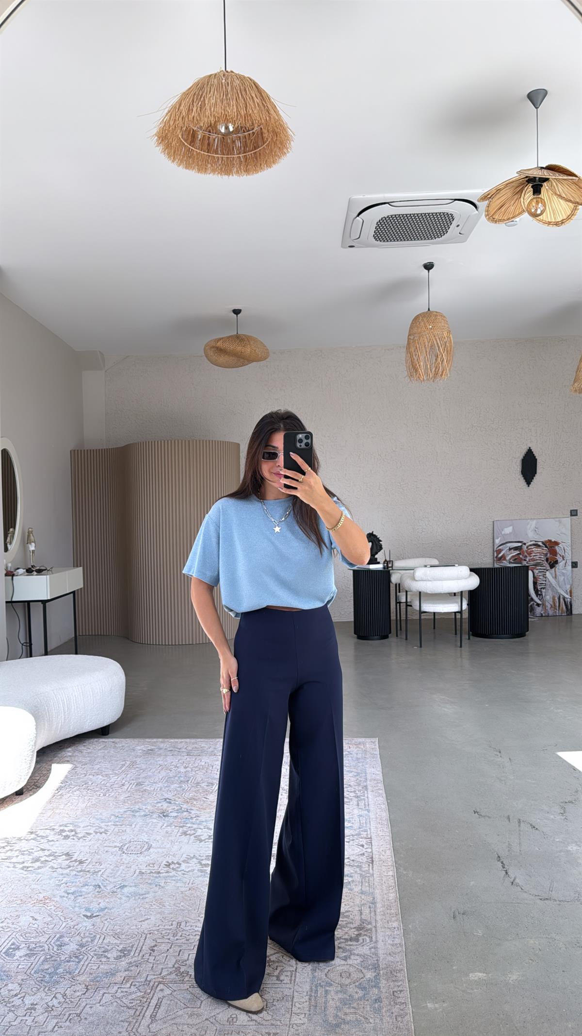 Lacivert Gizli Fermuarlı Kemersiz Palazzo Pantolon