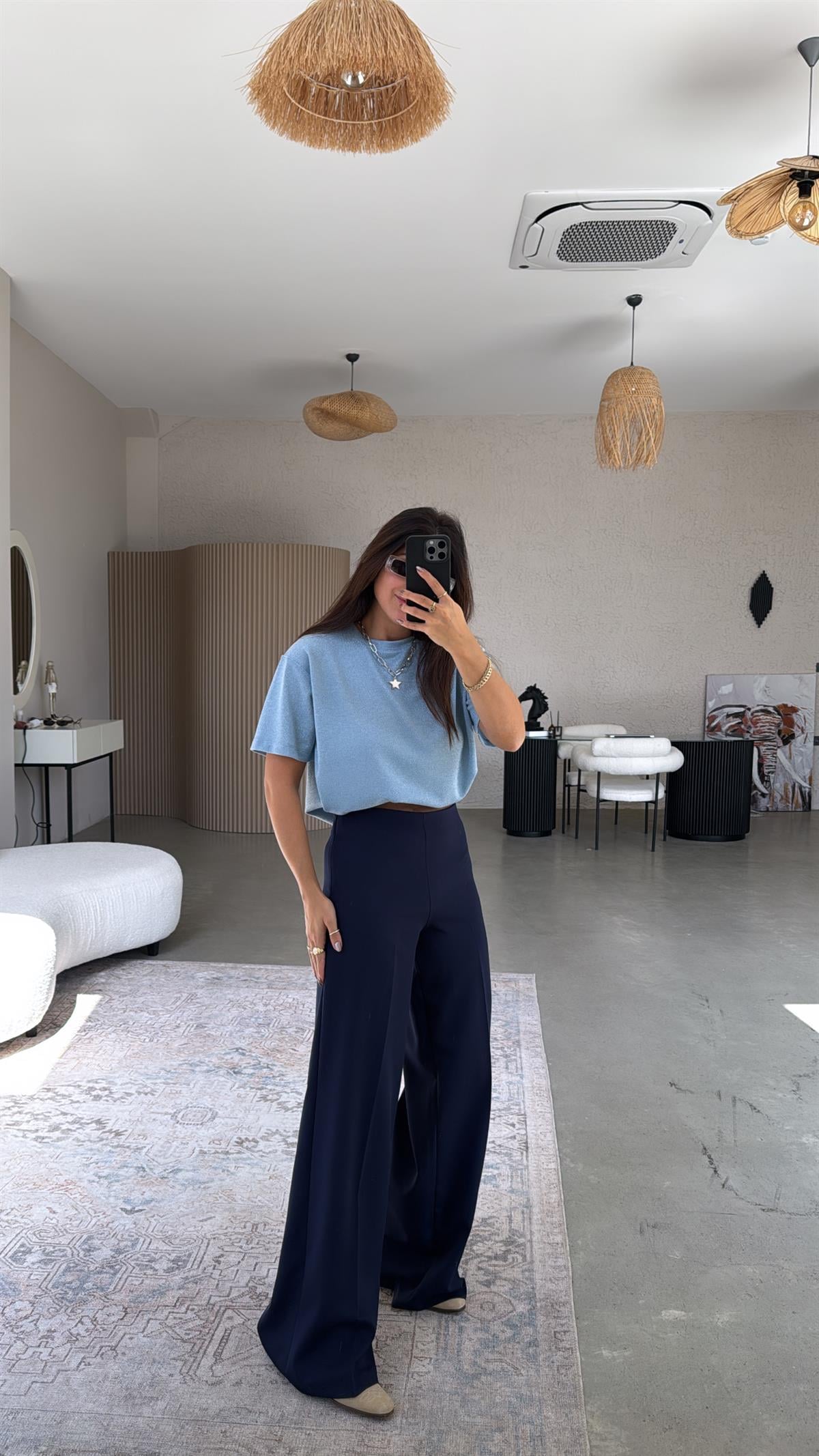 Lacivert Gizli Fermuarlı Kemersiz Palazzo Pantolon