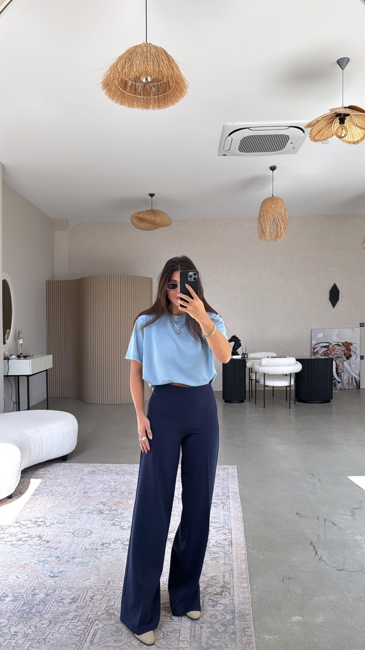 Lacivert Gizli Fermuarlı Kemersiz Palazzo Pantolon