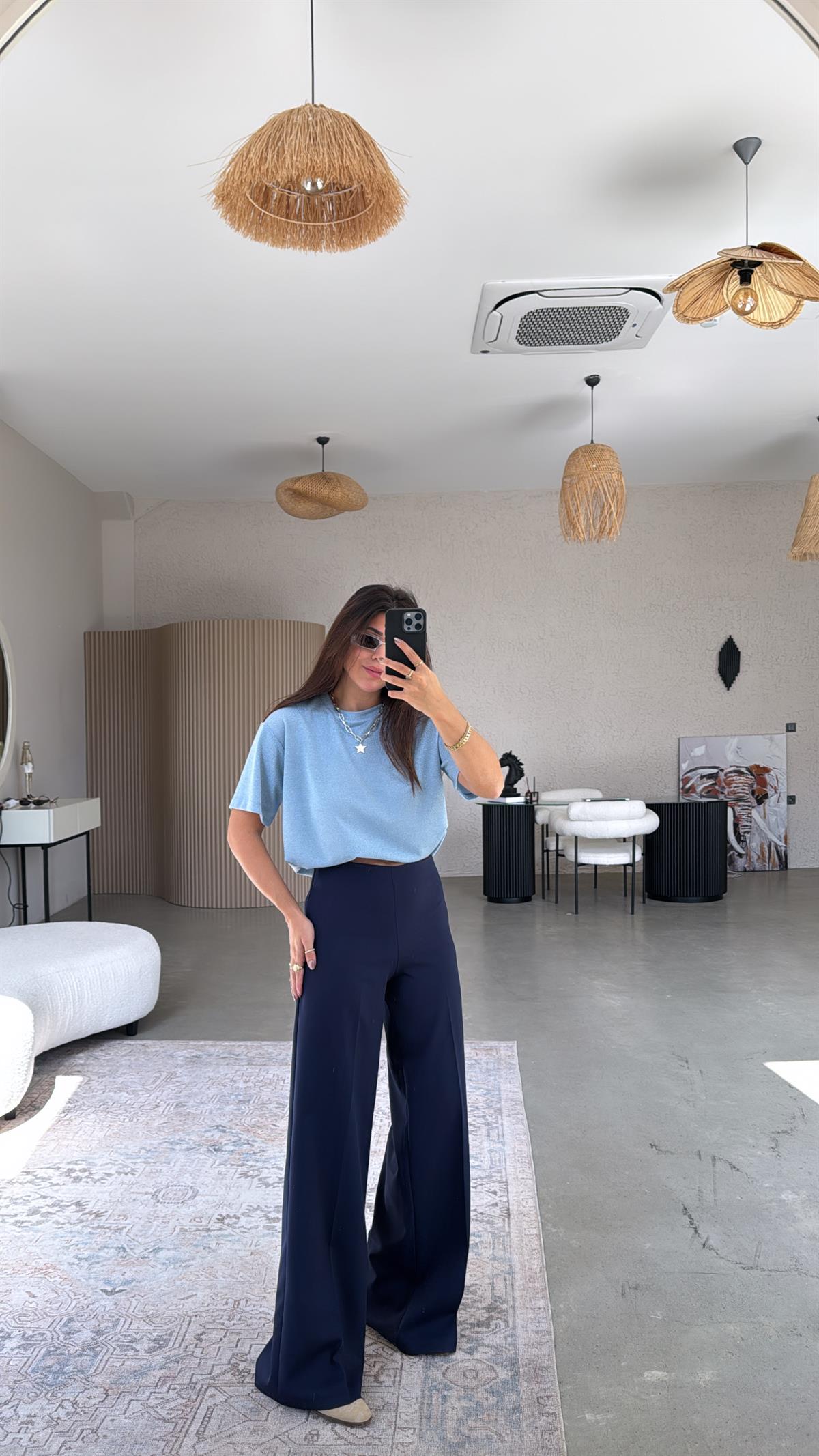 Lacivert Gizli Fermuarlı Kemersiz Palazzo Pantolon