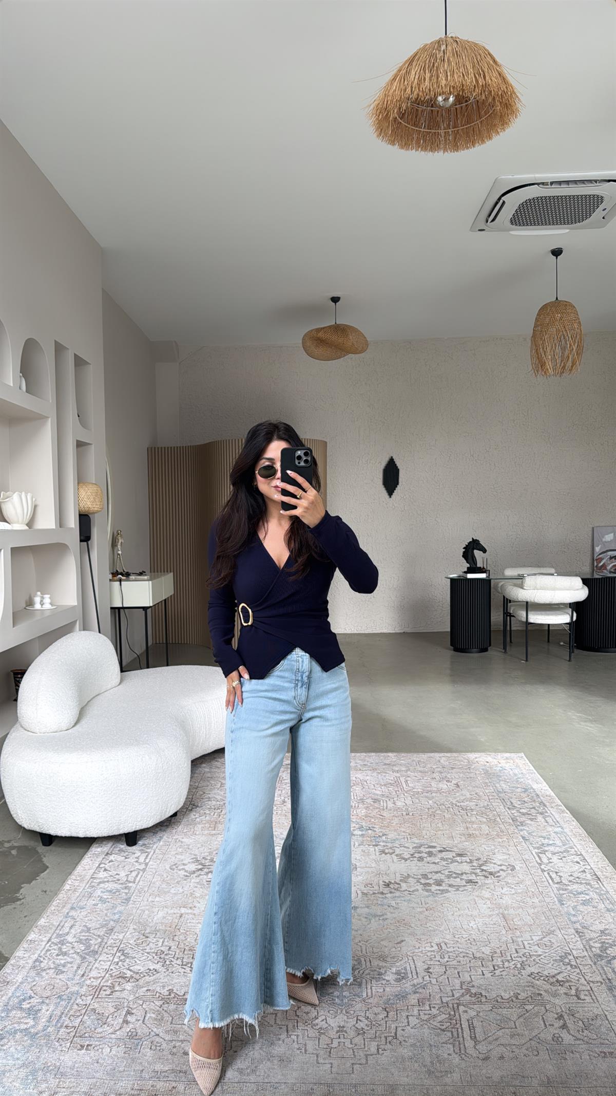 Lacivert Gold Tokalı Ottoman Kruvaze Bluz