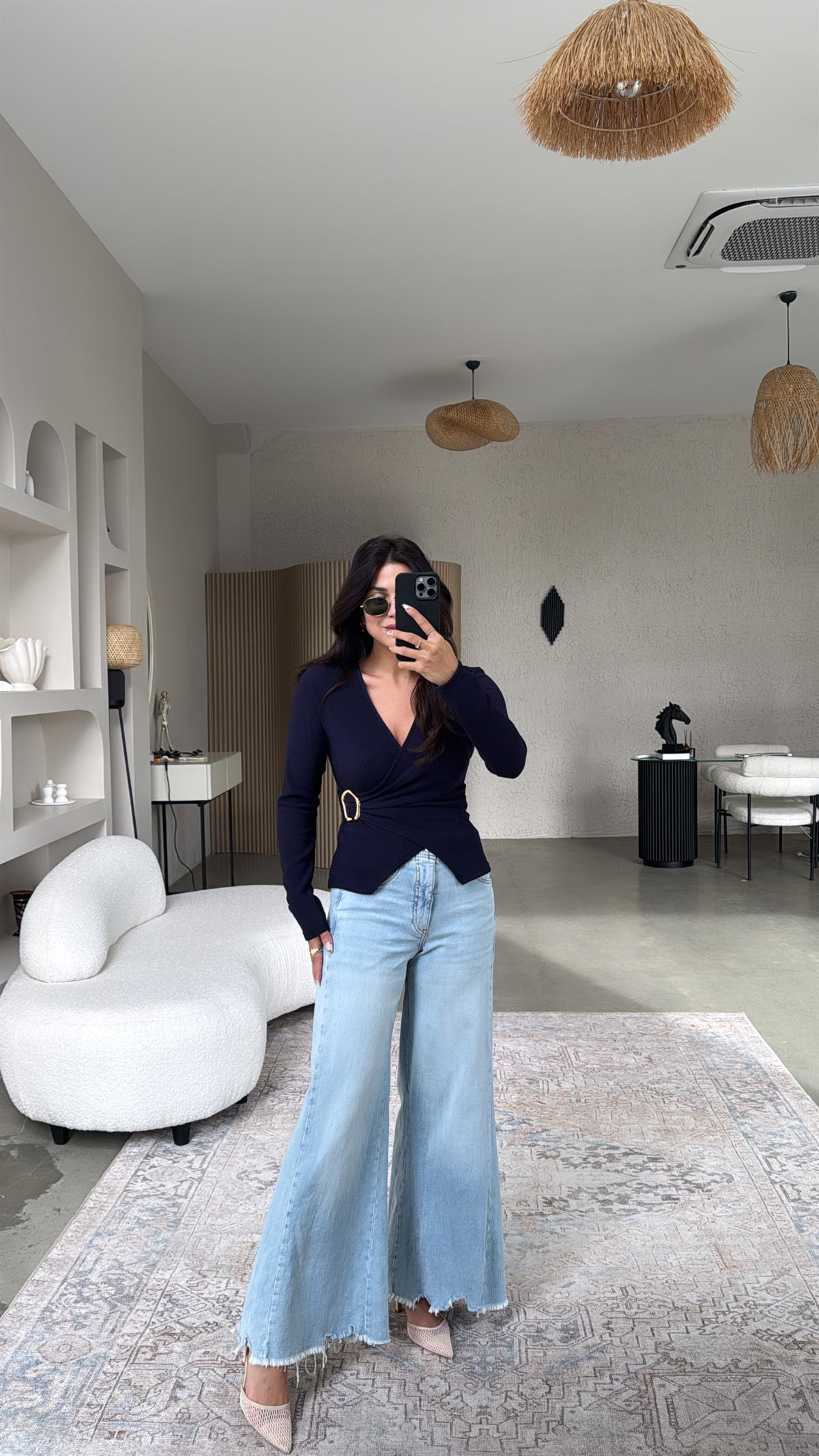 Lacivert Gold Tokalı Ottoman Kruvaze Bluz