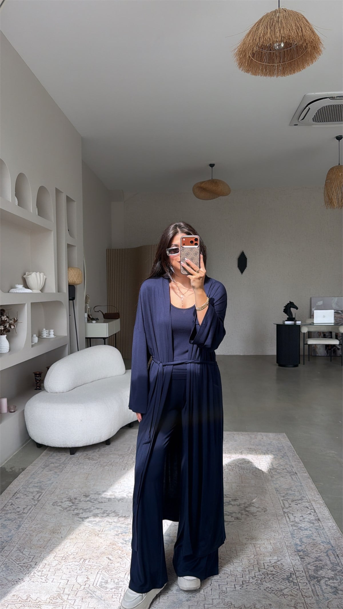 Lacivert İnce Modal Üçlü Kimono Atlet Pantolon Takım