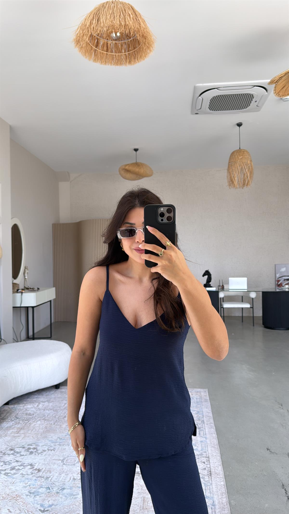 Lacivert İp Askılı Basic Tiril Takım