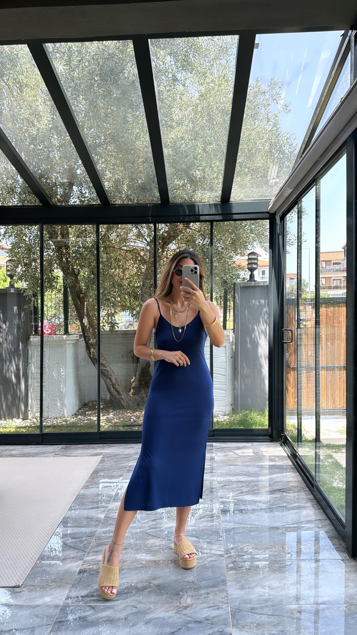 Lacivert İp Askılı Pike Modal Yırtmaçlı Elbise