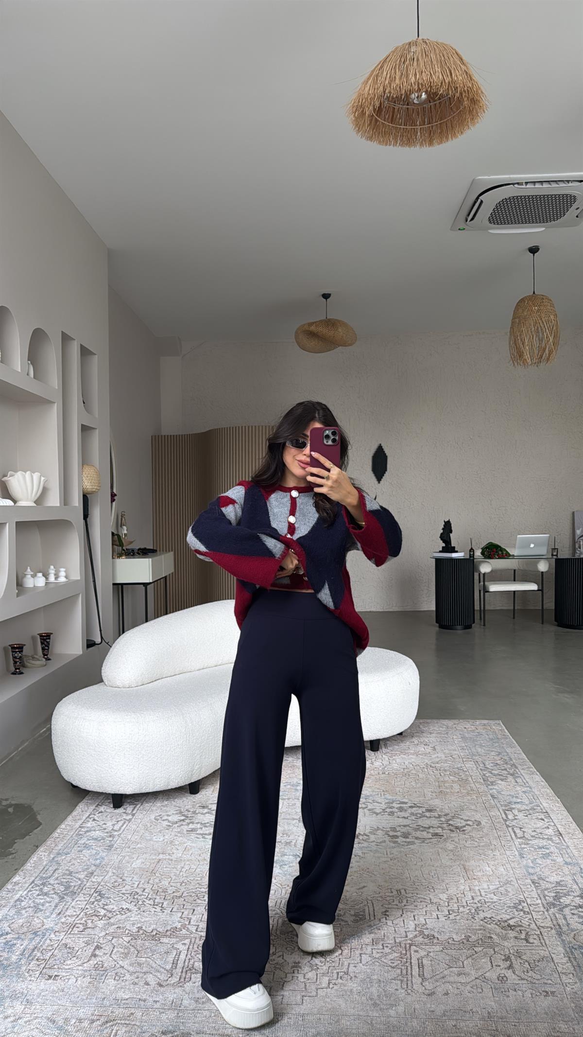 Lacivert Kalın Kemerli Palazzo Kumaş Pantolon