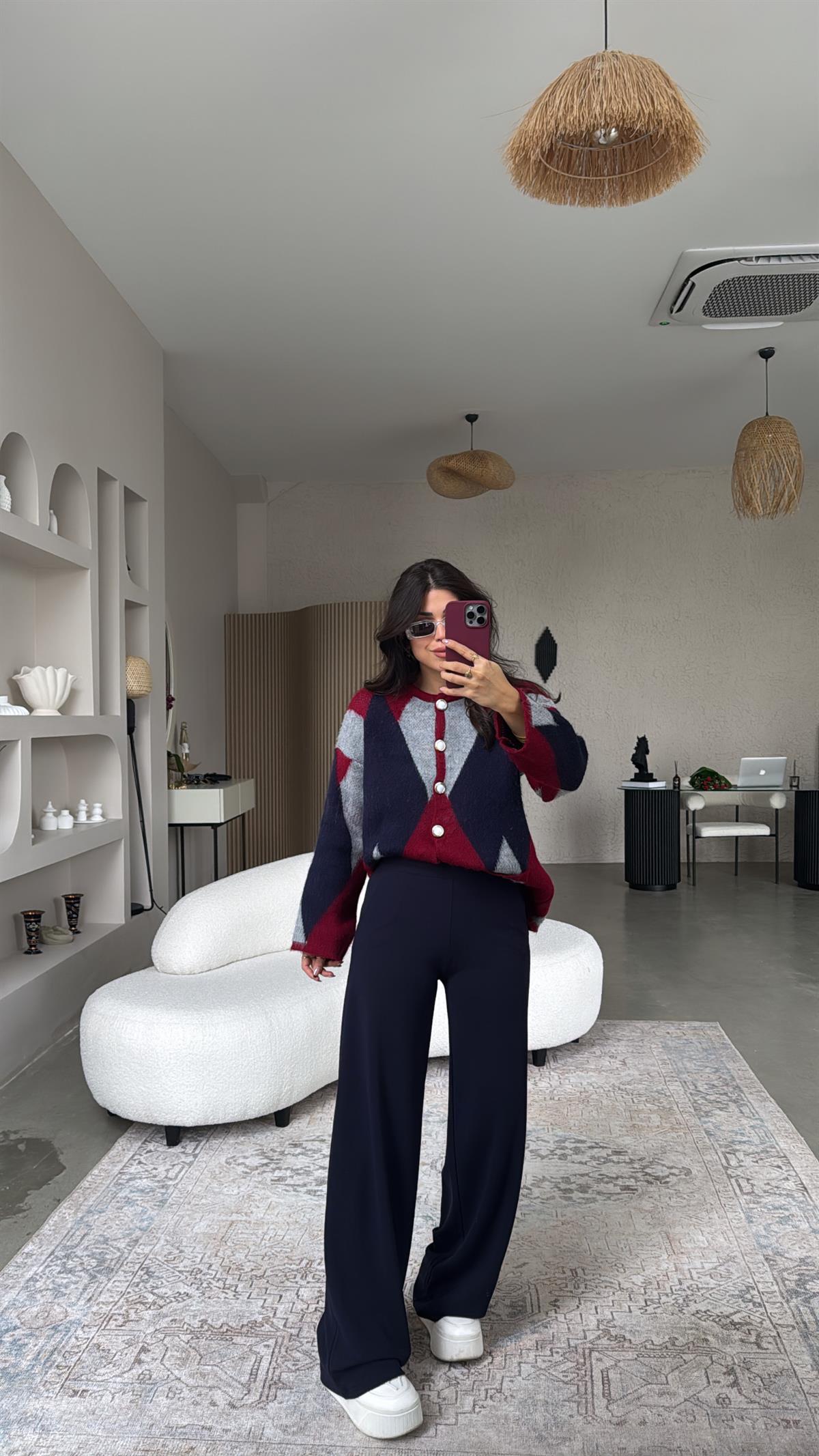 Lacivert Kalın Kemerli Palazzo Kumaş Pantolon