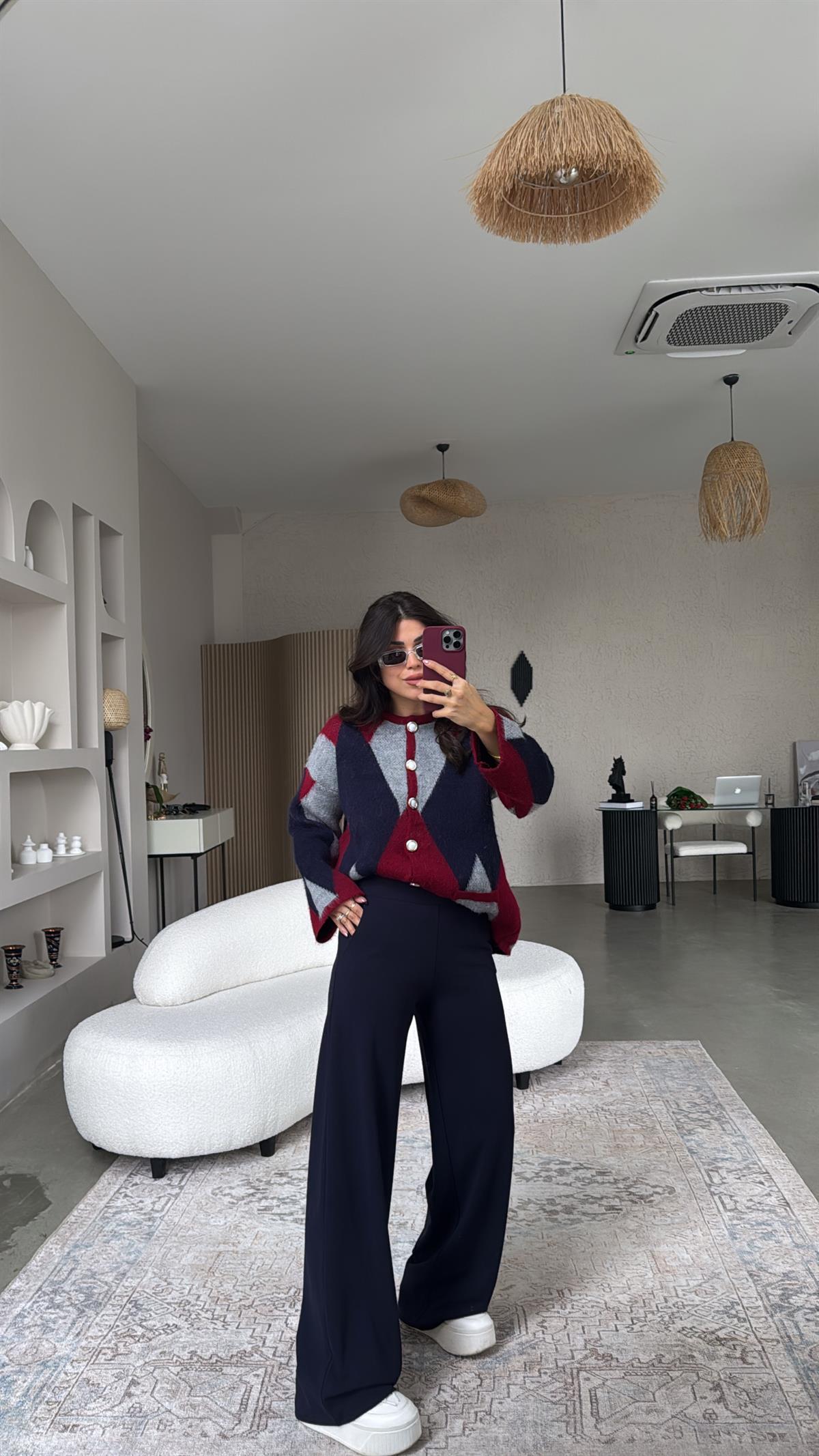 Lacivert Kalın Kemerli Palazzo Kumaş Pantolon