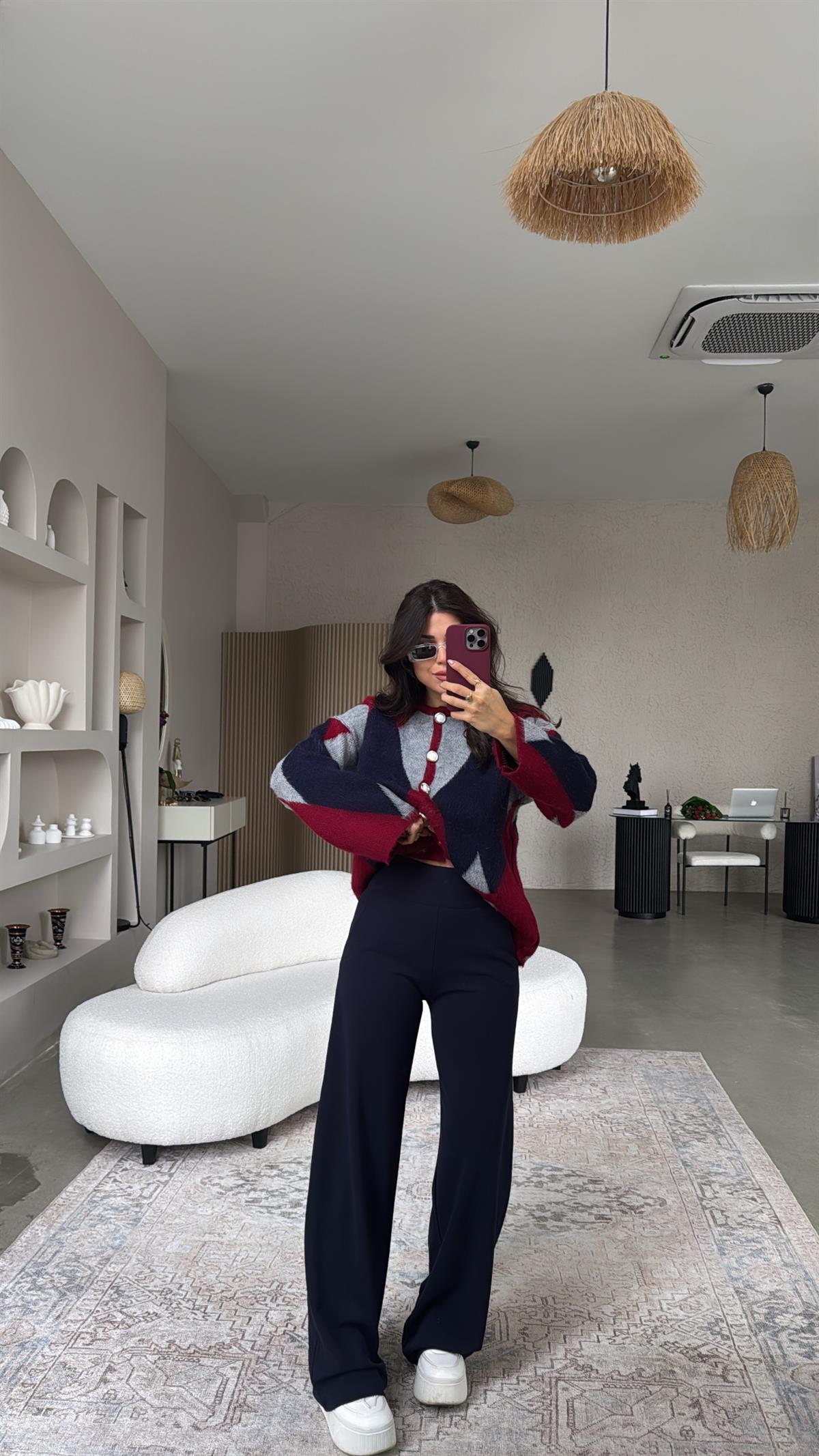 Lacivert Kalın Kemerli Palazzo Kumaş Pantolon