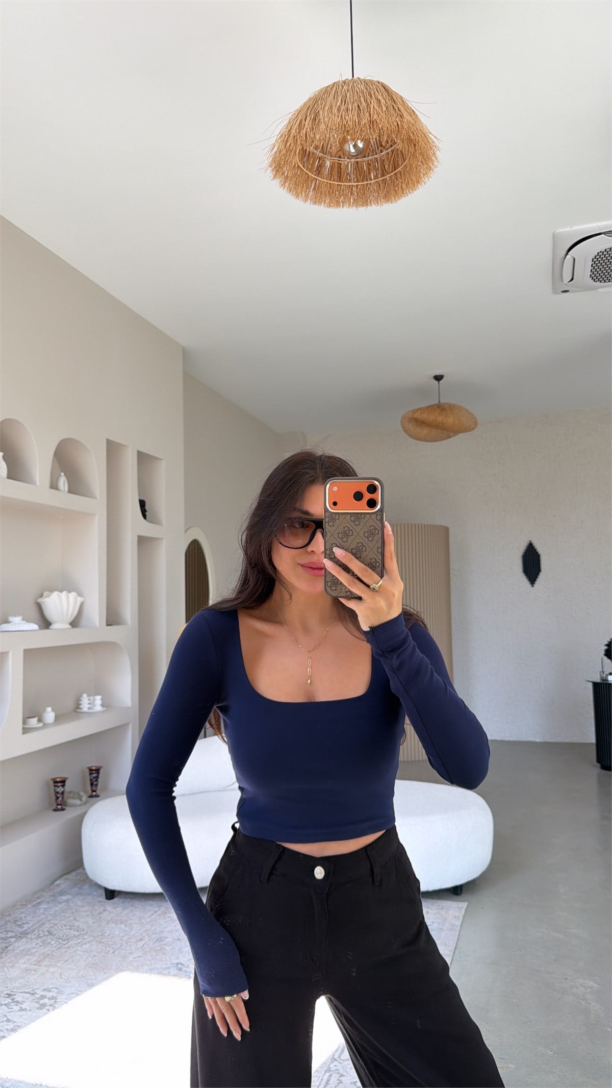 Lacivert Kare Yaka Crop Pamuklu Uzun Kollu Basic