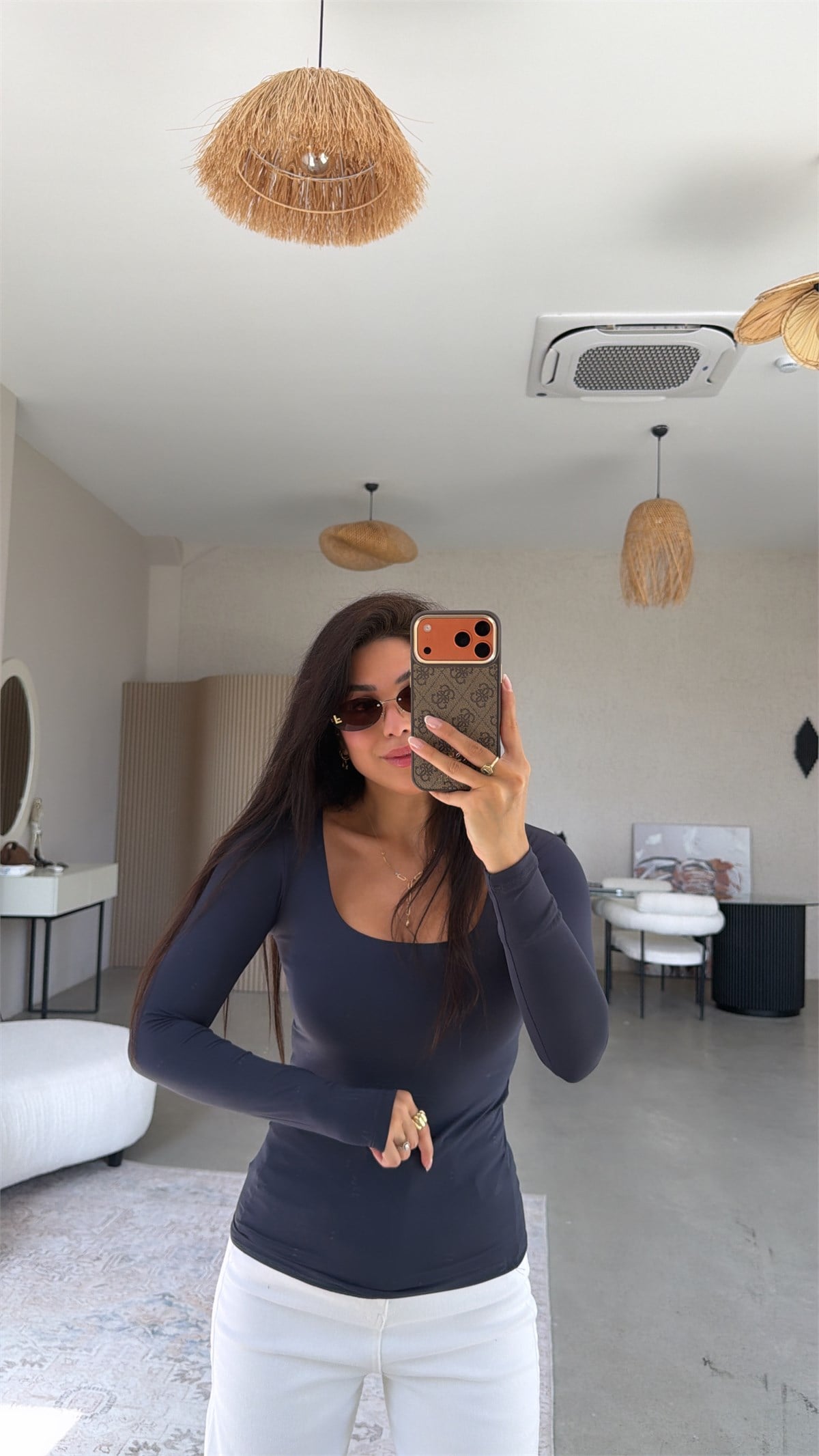 Lacivert Kare Yaka Polyamid Bluz