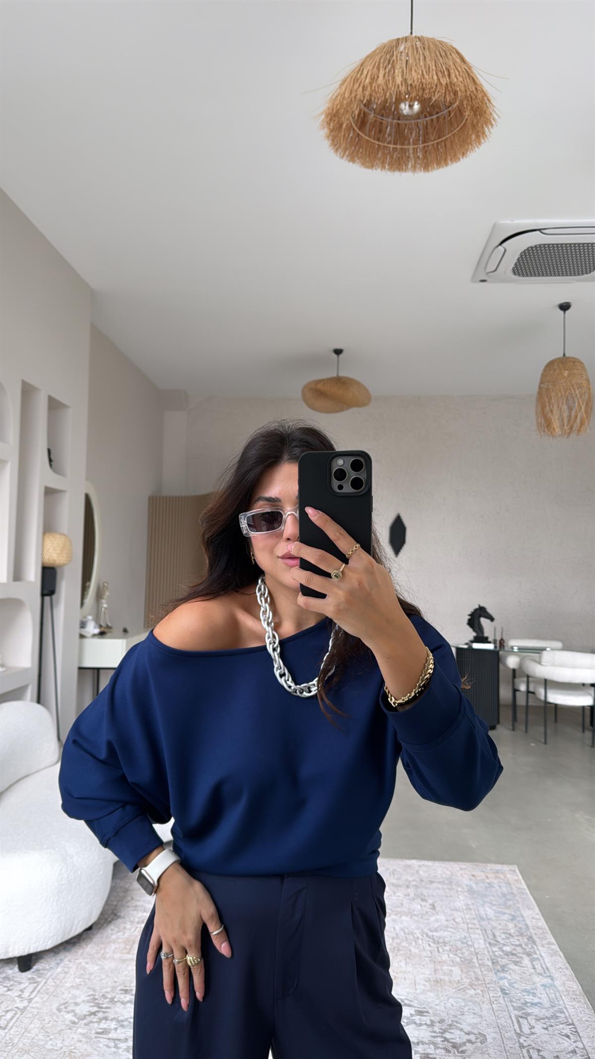 Lacivert Kayık Yaka Modal Sweat Bluz