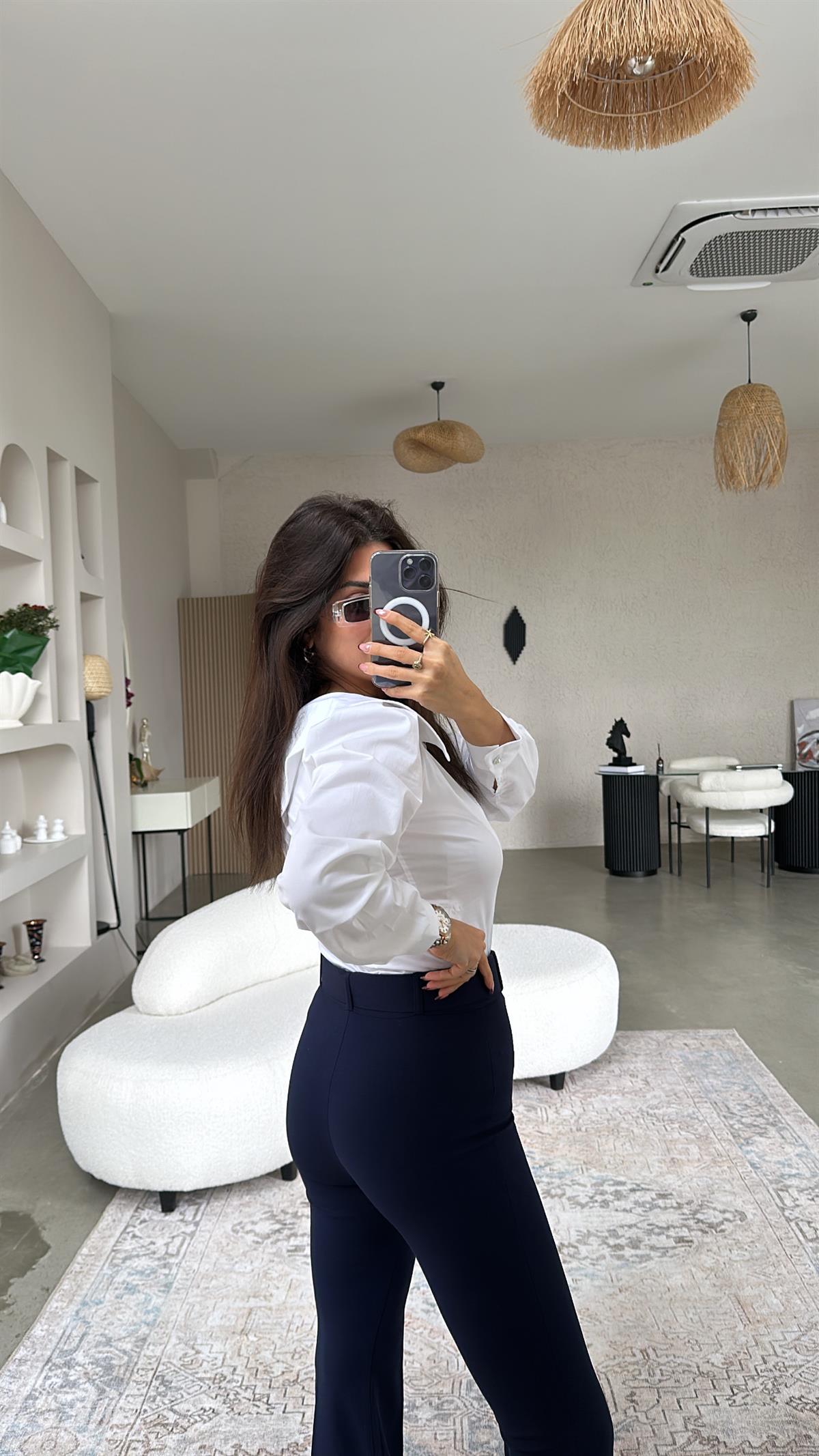 Lacivert Kemerli İspanyol Kumaş Pantolon