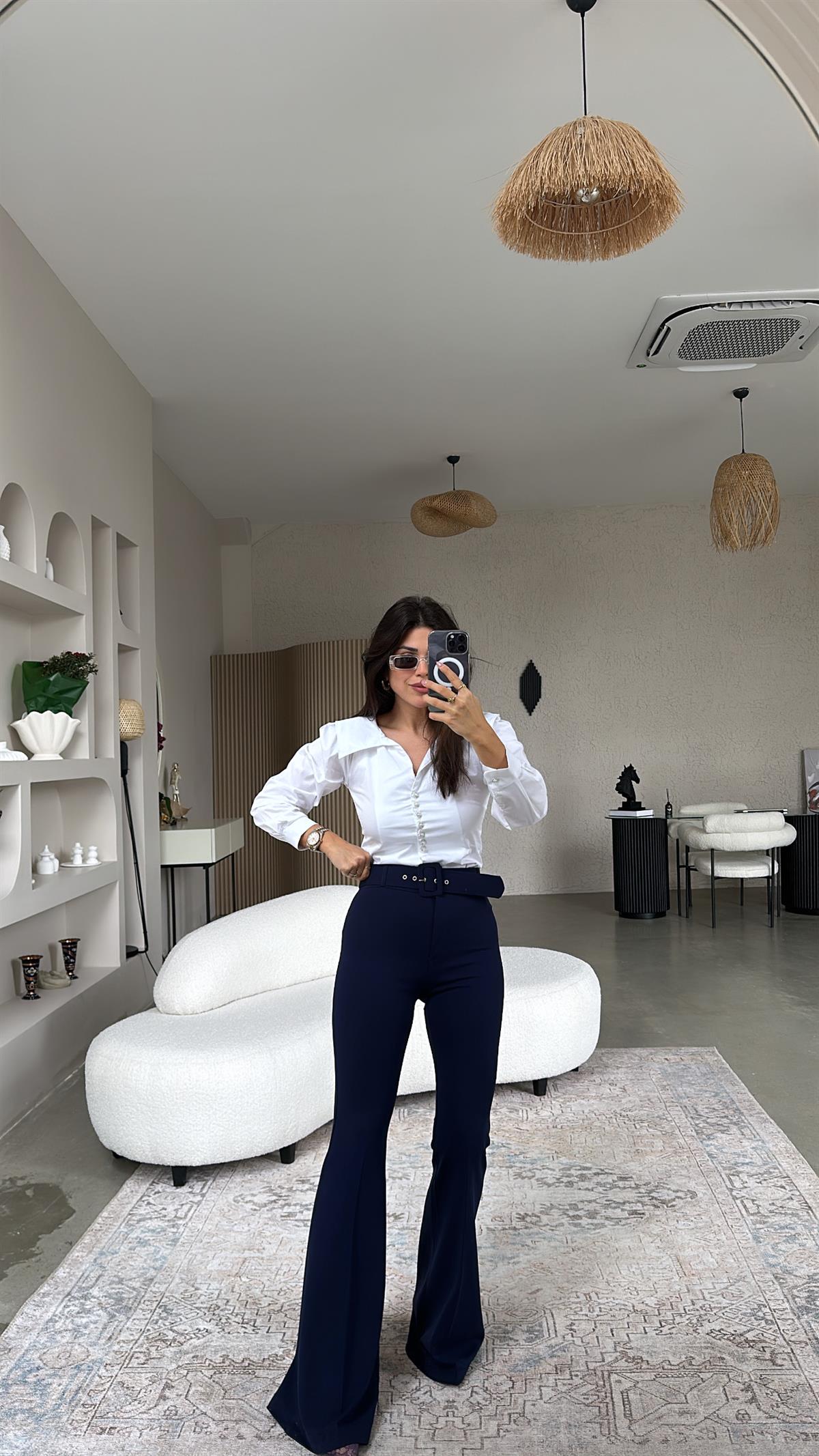 Lacivert Kemerli İspanyol Kumaş Pantolon