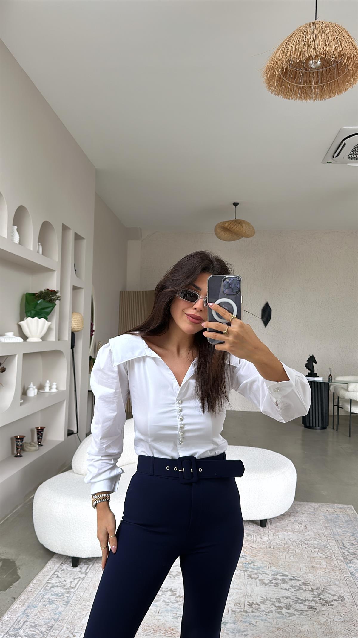 Lacivert Kemerli İspanyol Kumaş Pantolon