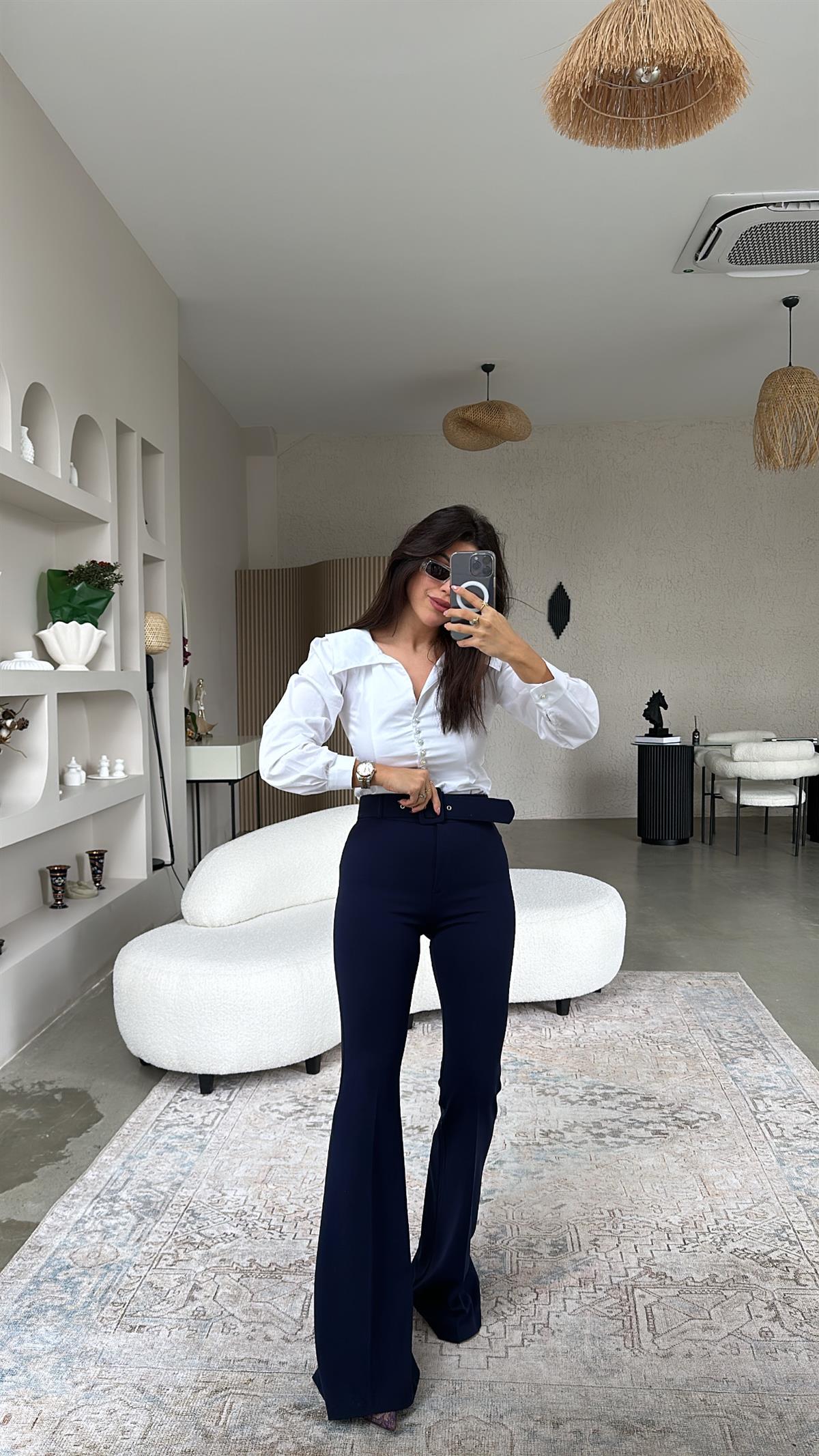 Lacivert Kemerli İspanyol Kumaş Pantolon