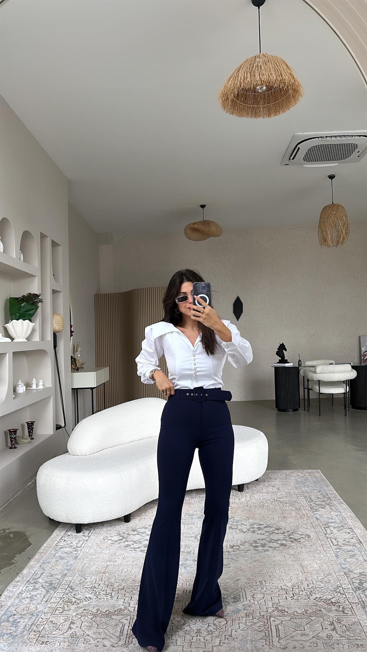 Lacivert Kemerli İspanyol Kumaş Pantolon