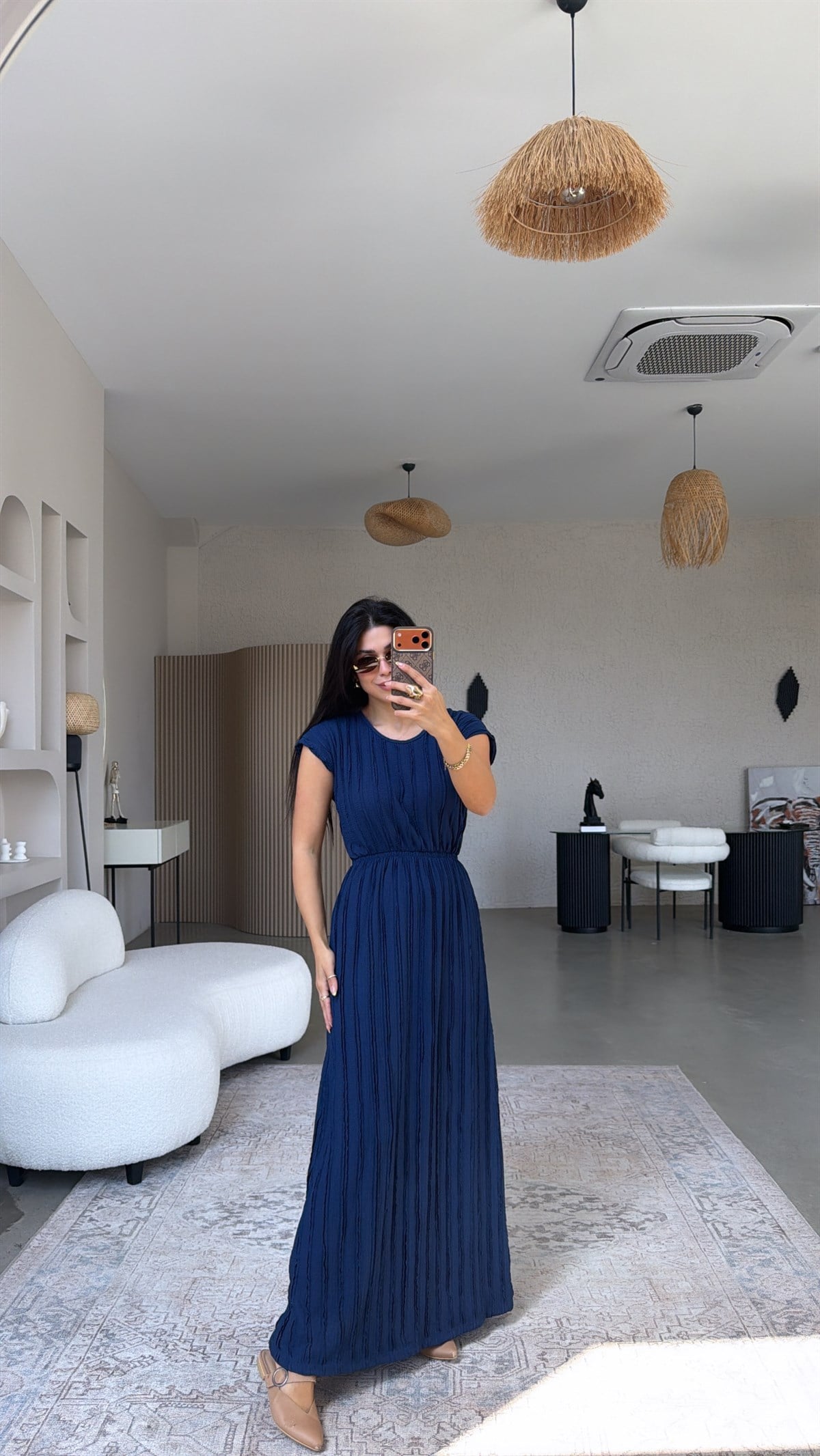 Lacivert Kendinden Çizgi Dokulu Beli Lastikli Maxi Bürümcük Elbise