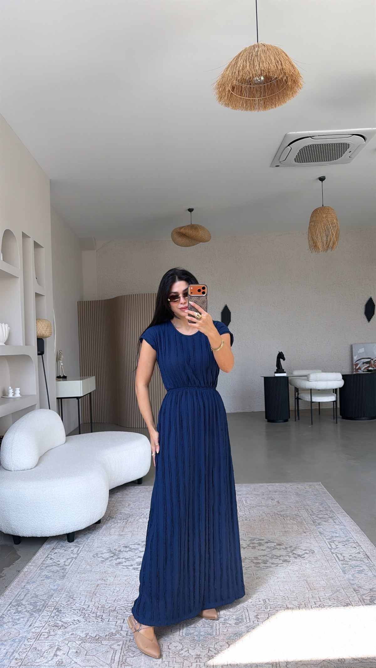 Lacivert Kendinden Çizgi Dokulu Beli Lastikli Maxi Bürümcük Elbise