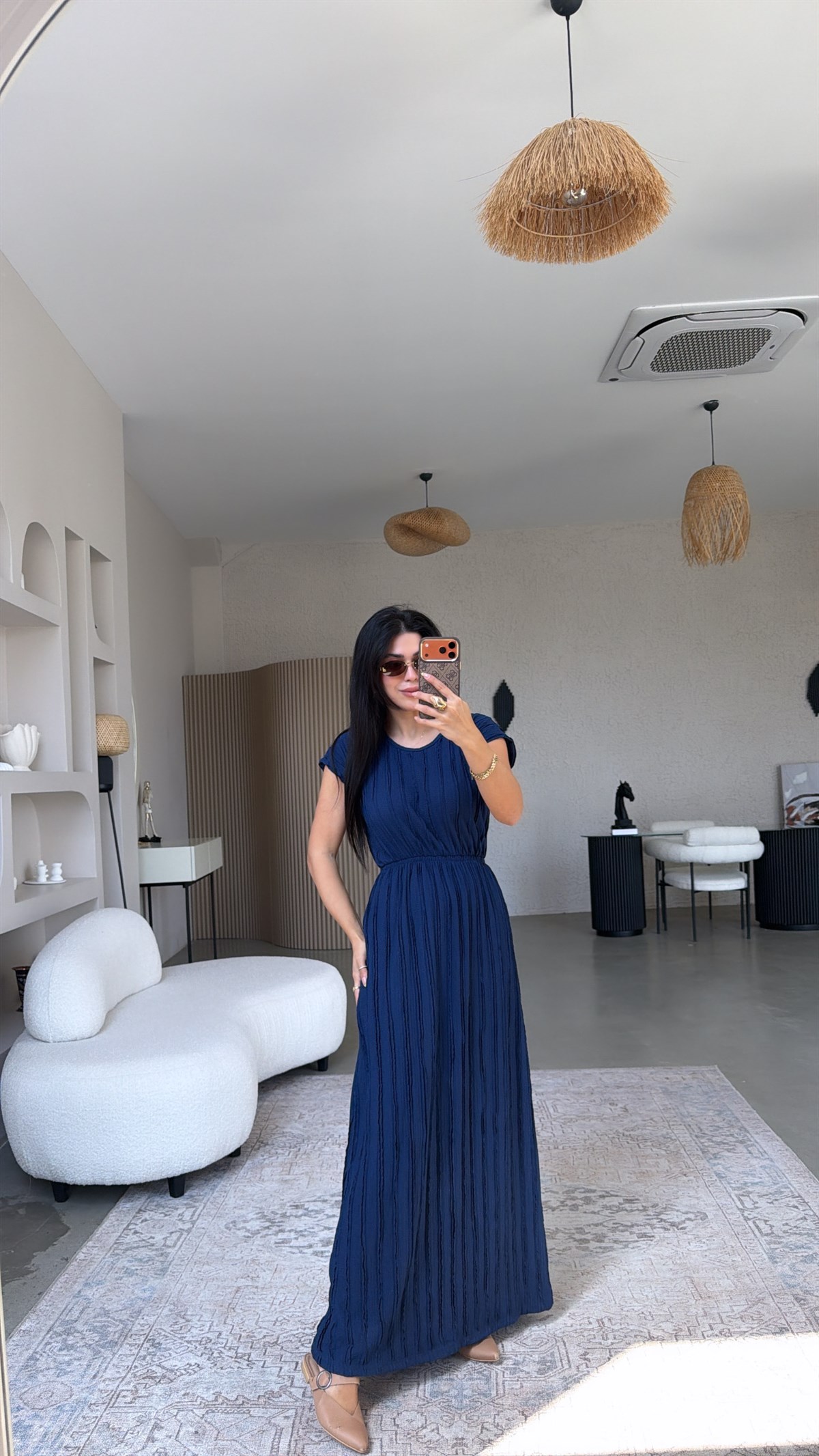 Lacivert Kendinden Çizgi Dokulu Beli Lastikli Maxi Bürümcük Elbise