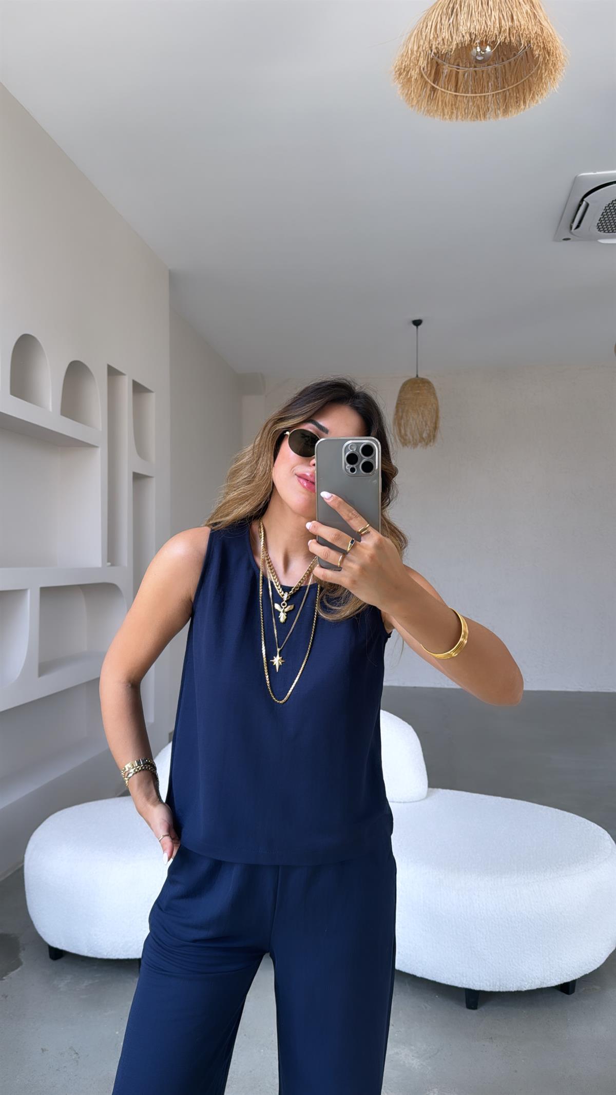 Lacivert Keten Bol Paça Takım