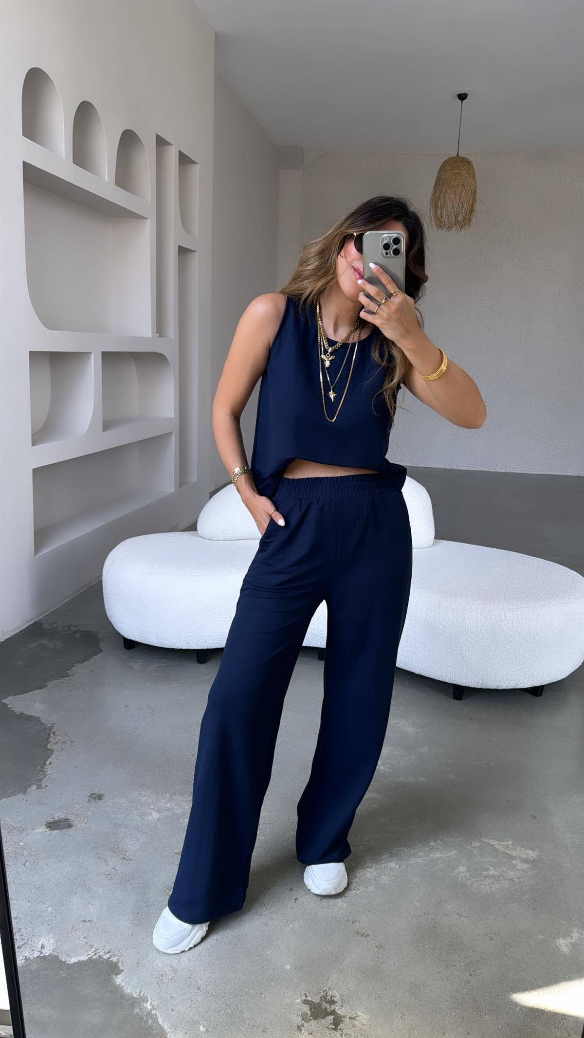 Lacivert Keten Bol Paça Takım