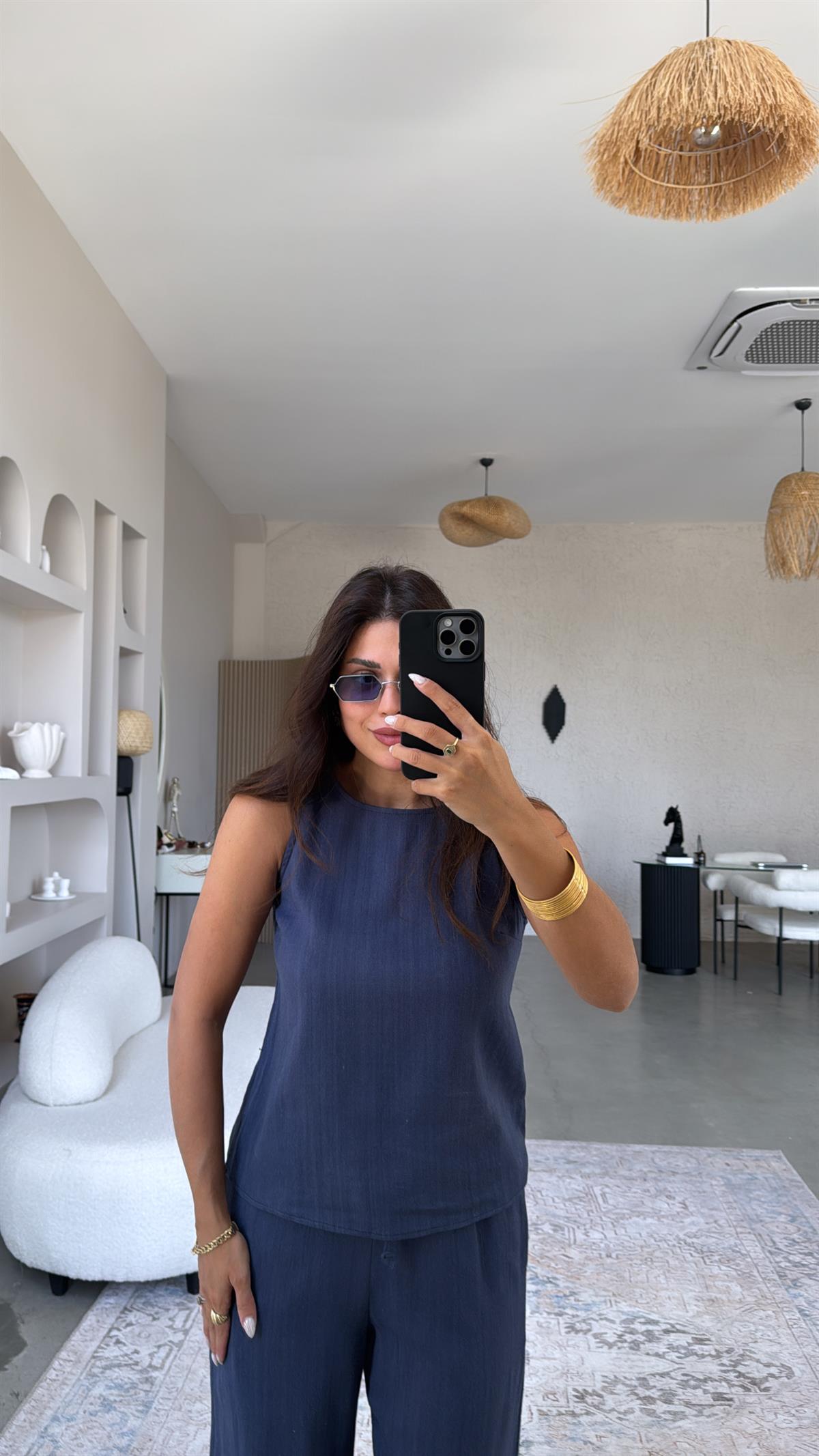 Lacivert Keten Boncuk Detaylı Pantolon Bluz Takım