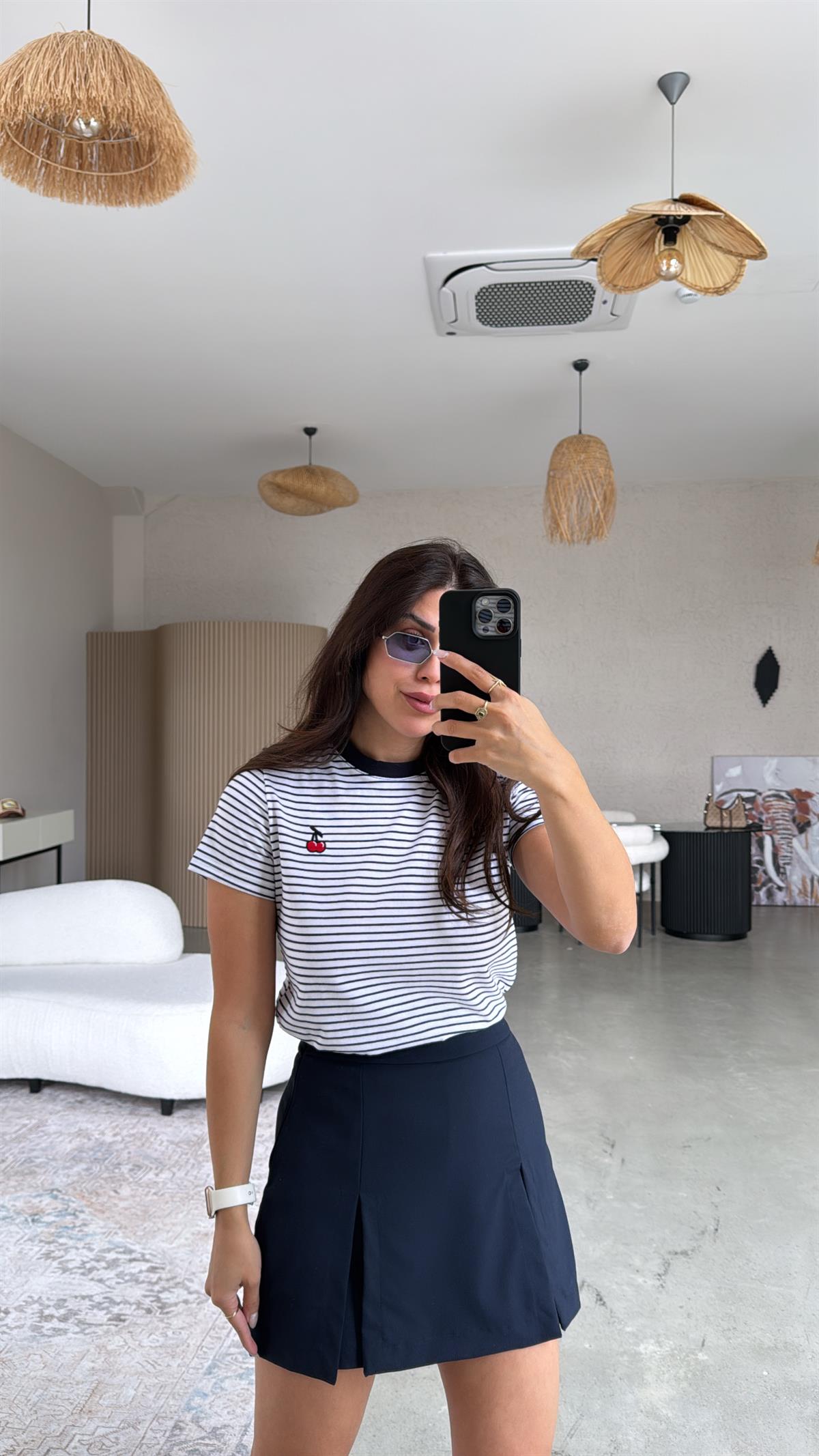 Lacivert Kiraz Nakışlı Çizgili Tshirt