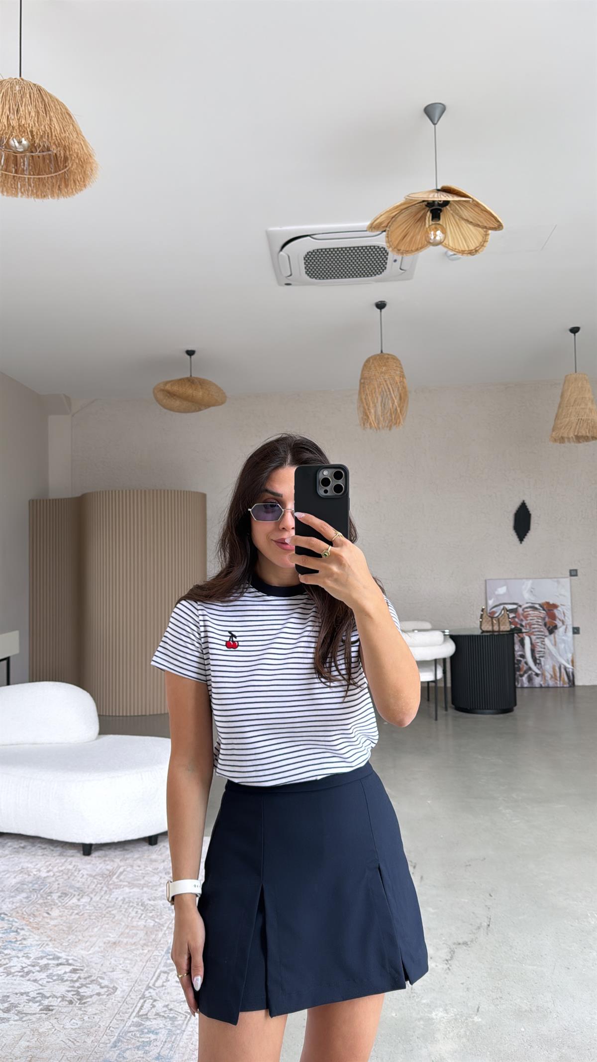 Lacivert Kiraz Nakışlı Çizgili Tshirt