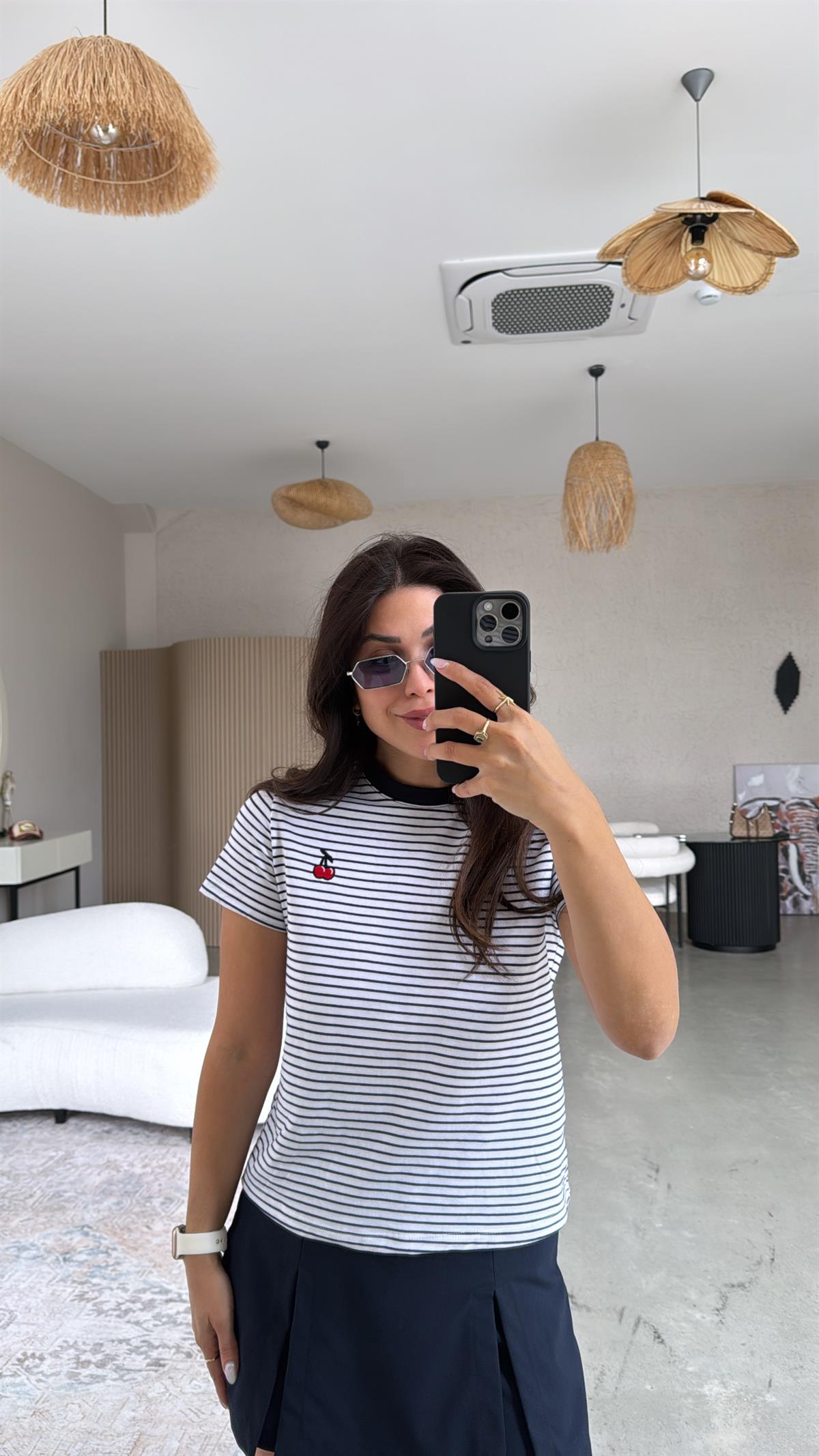 Lacivert Kiraz Nakışlı Çizgili Tshirt