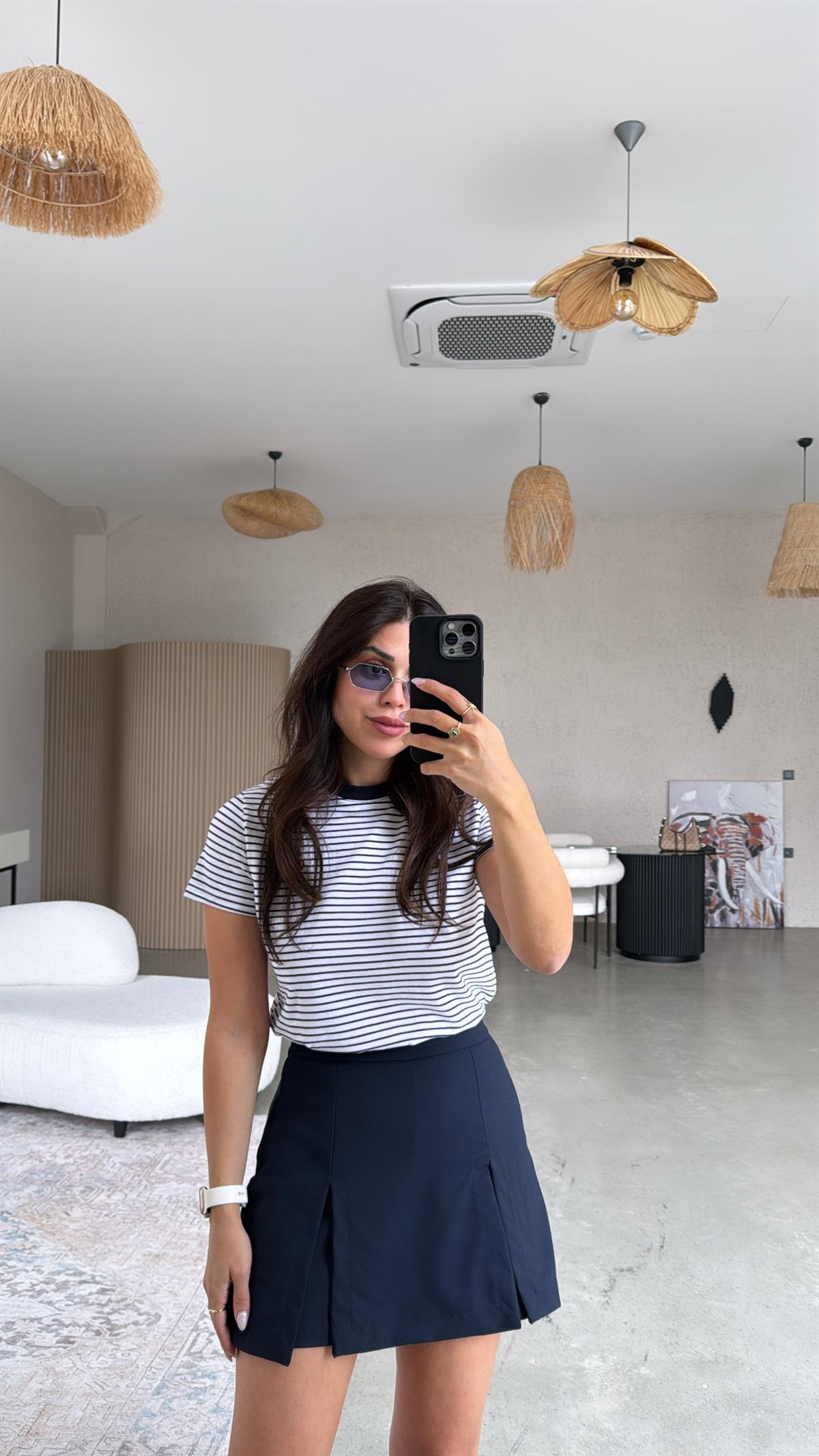 Lacivert Kiraz Nakışlı Çizgili Tshirt