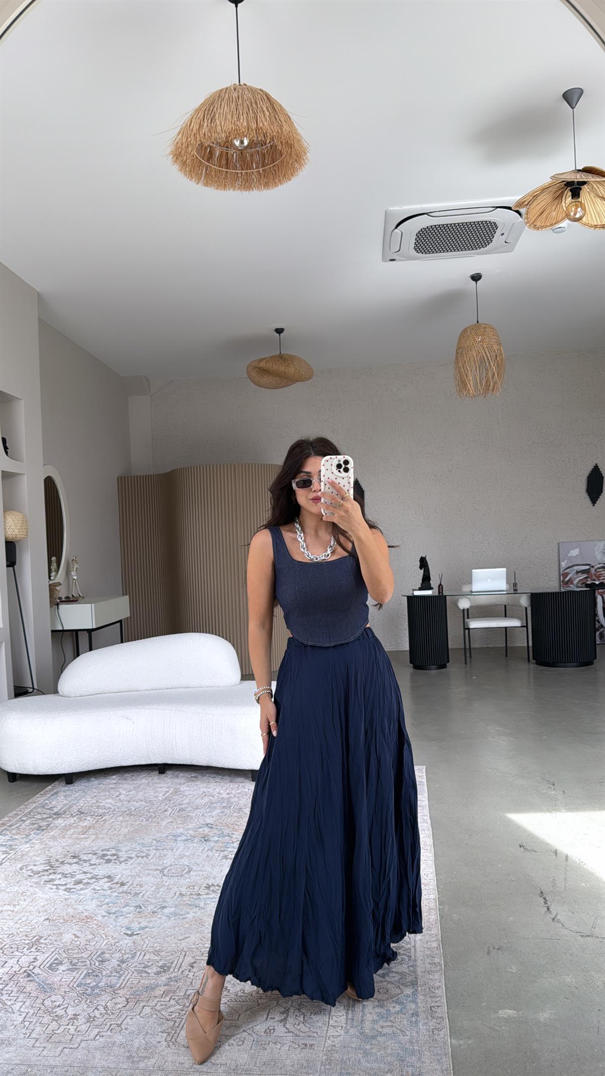 Lacivert Kırışık Dokuma Modal Etek