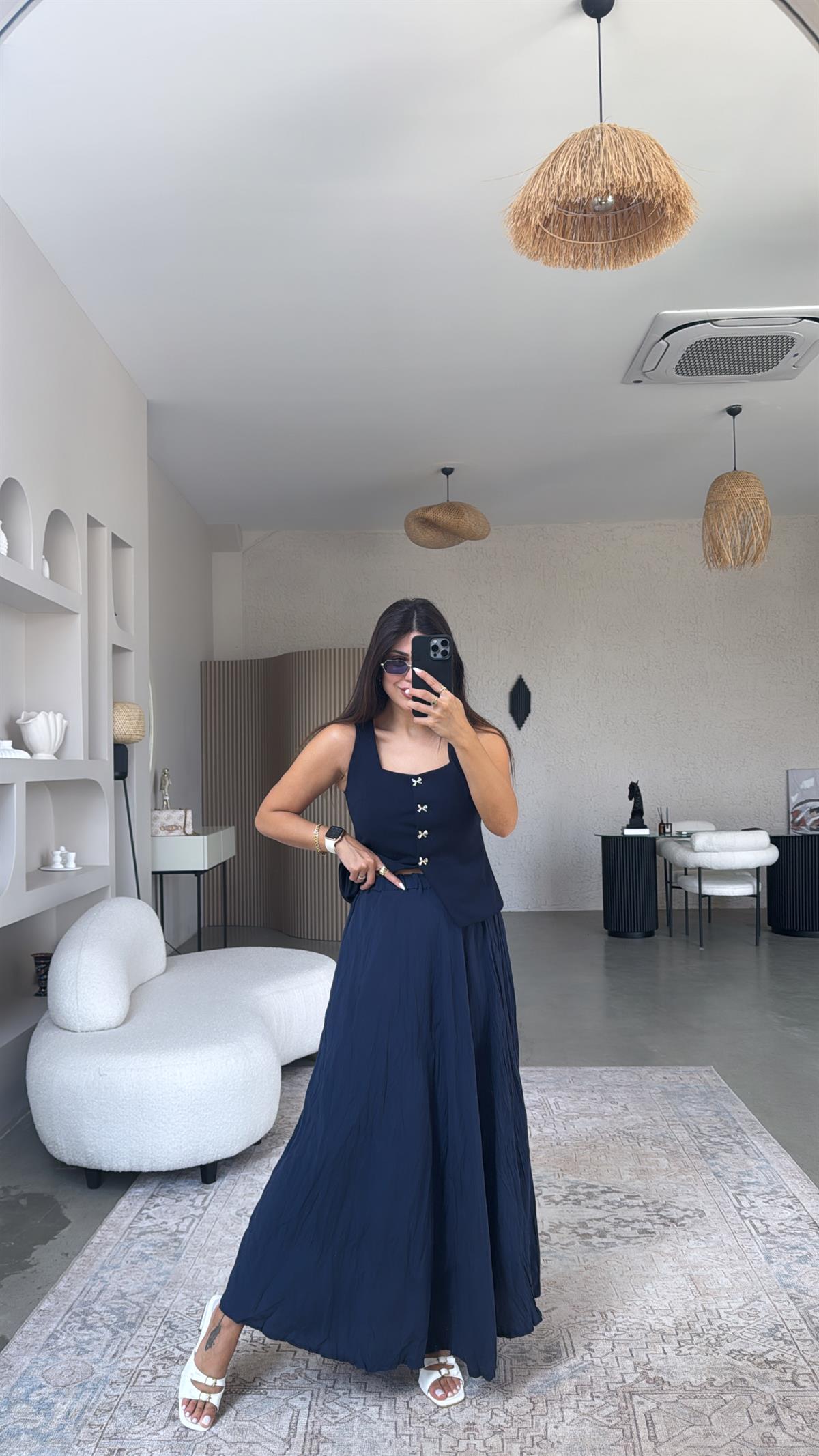 Lacivert Kırışık Modal Dokuma Etek