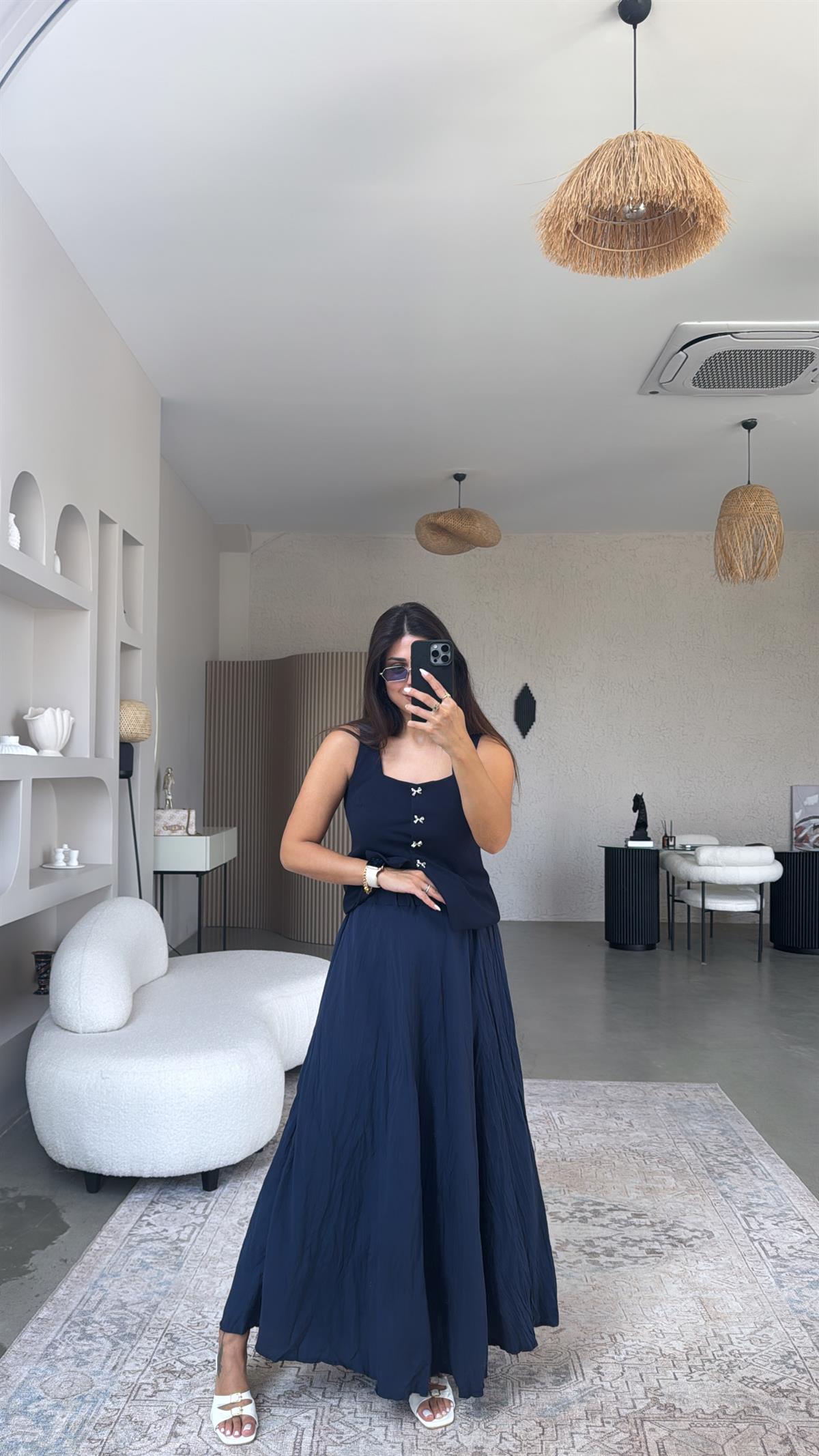 Lacivert Kırışık Modal Dokuma Etek