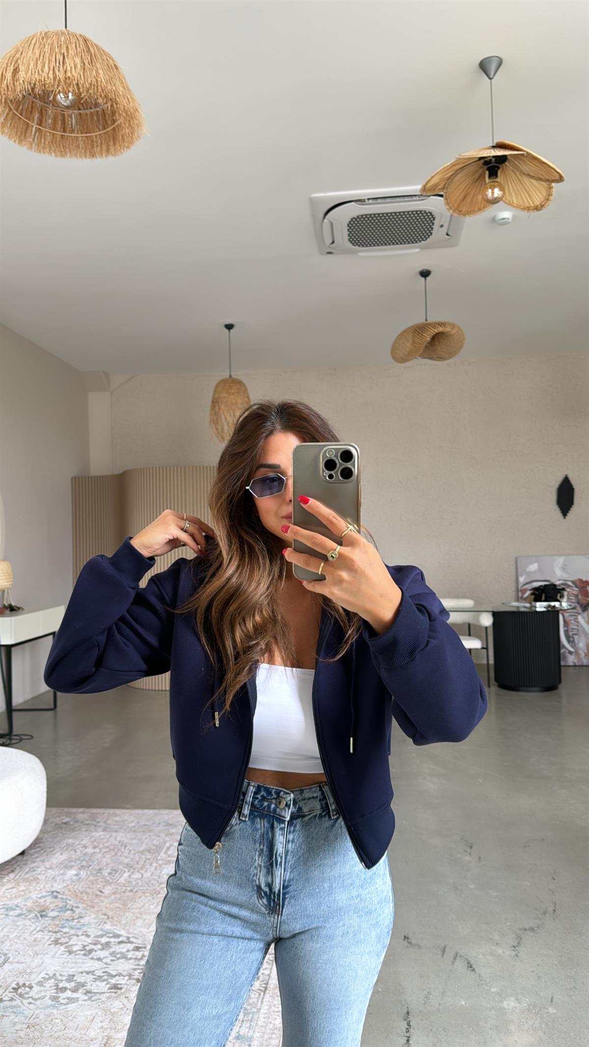 Lacivert Kısa Fermuarlı Şardonlu Ceket